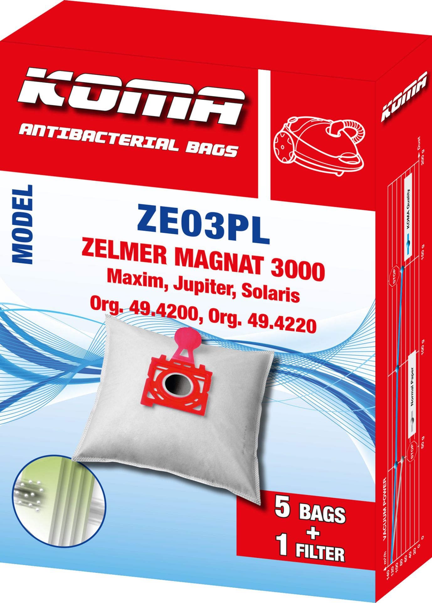 Rote und weiße Staubsaugerbeutelbox mit Filter und Text.