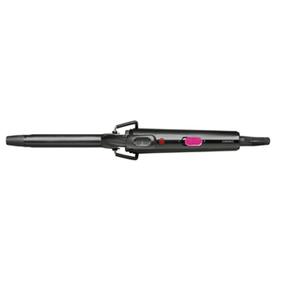 Czarna lokówka z różowym przyciskiem zasilania.