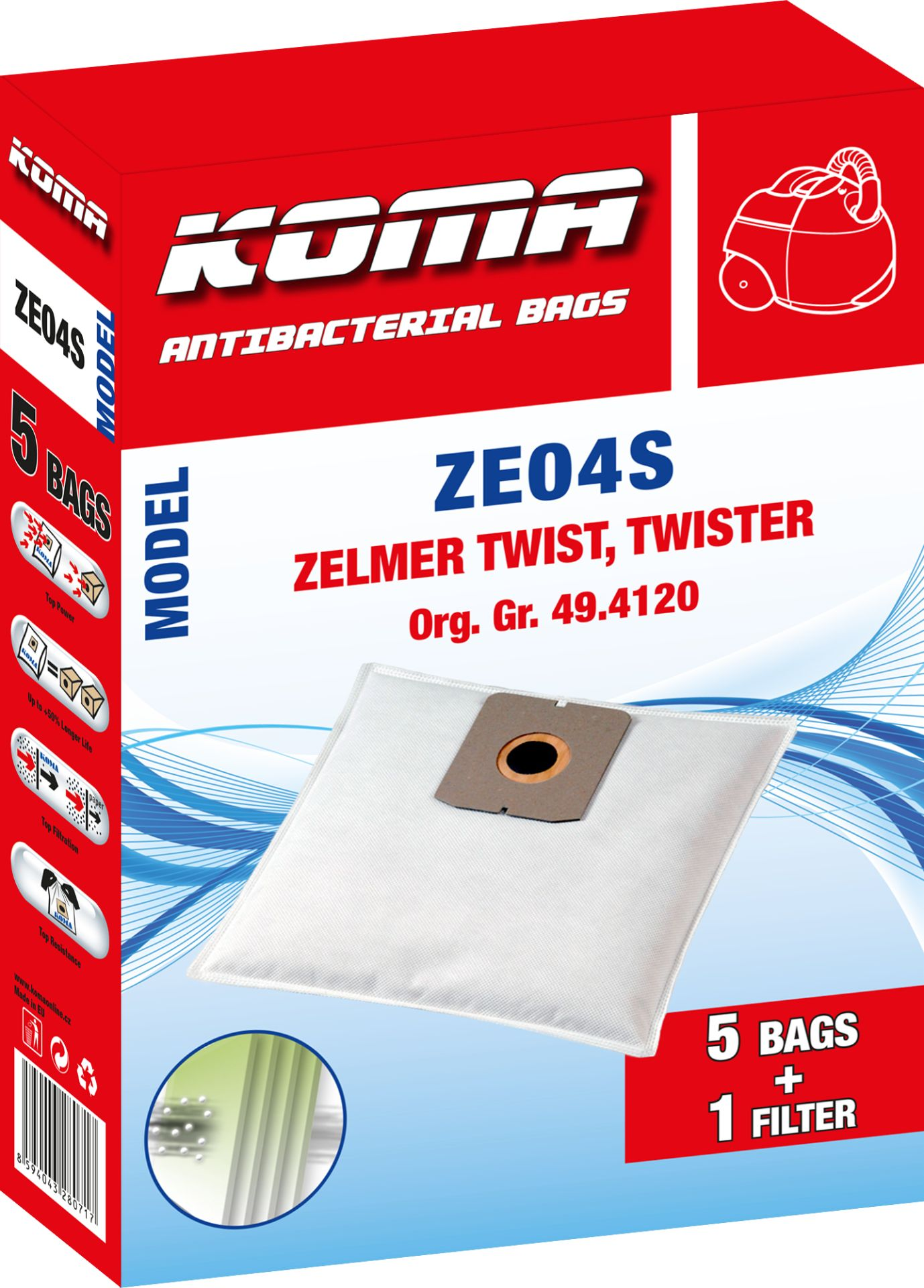 Staubsaugerbeutel, rot-weiße Box mit Produktdetails.