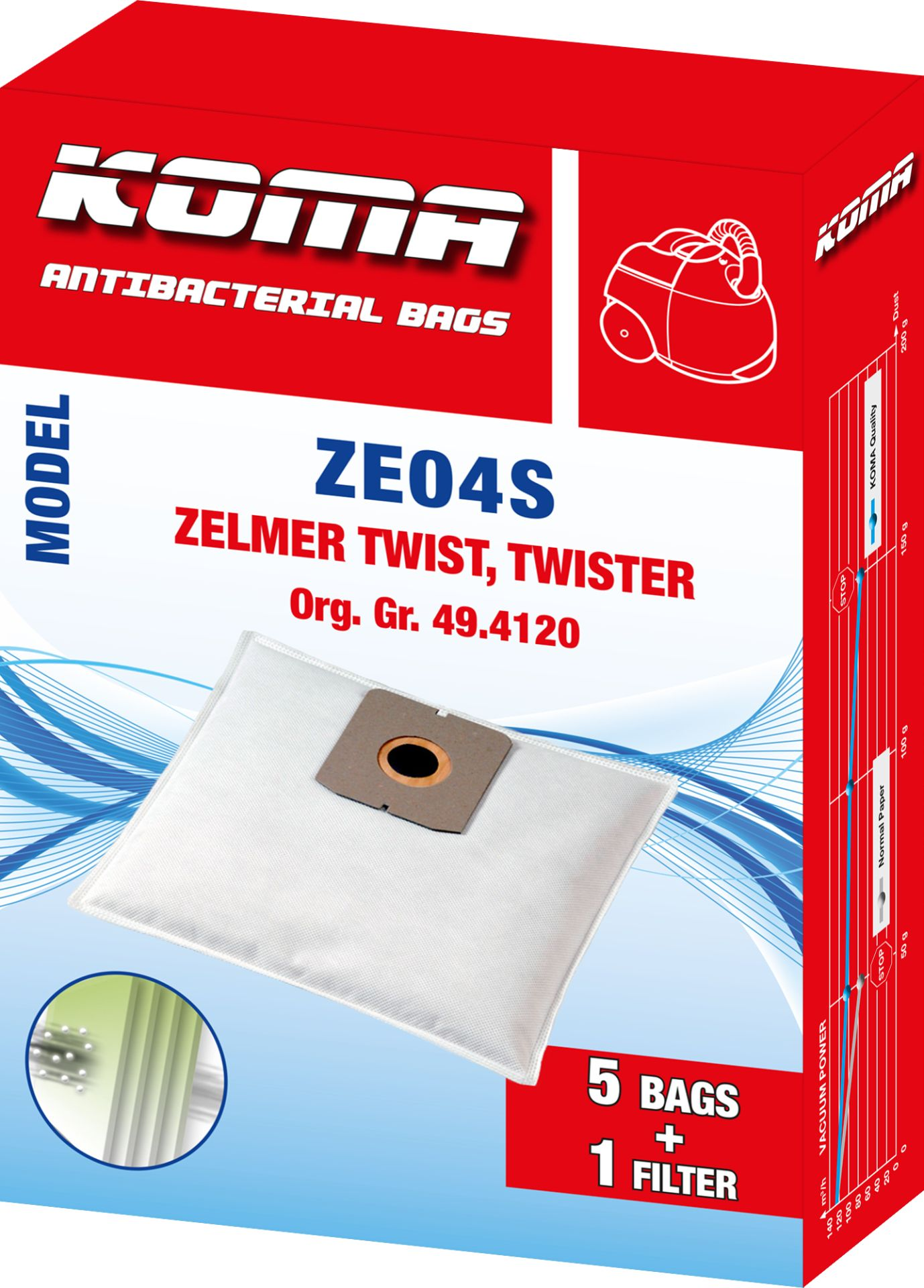 Staubsaugerbeutelkarton. Weißer Beutel mit braunem Filter. Rote und weiße Box.
