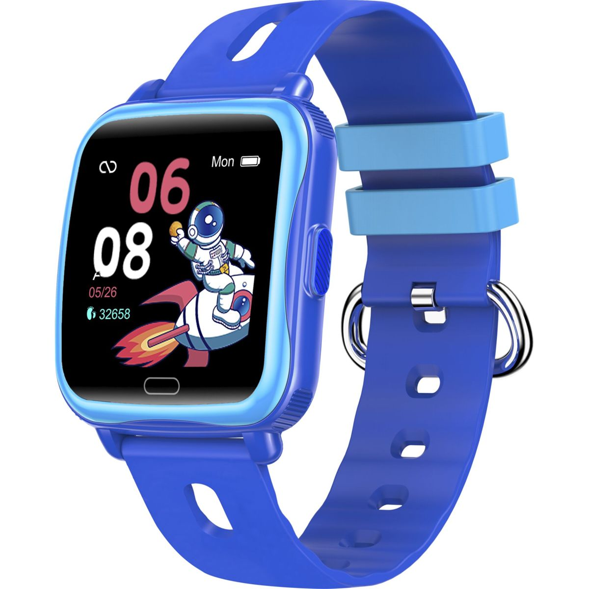 Un reloj inteligente azul para niños, que muestra la hora y un astronauta en un cohete. La correa también es azul.