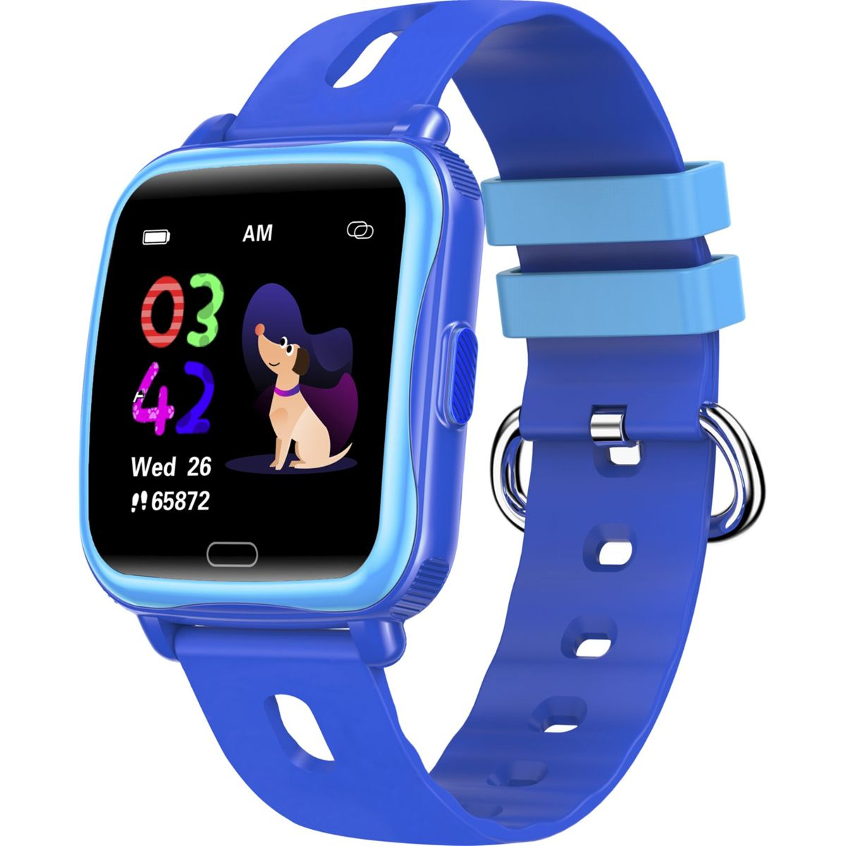Smartwatch azul para niños con correa azul, con un perro de dibujos animados en la pantalla.