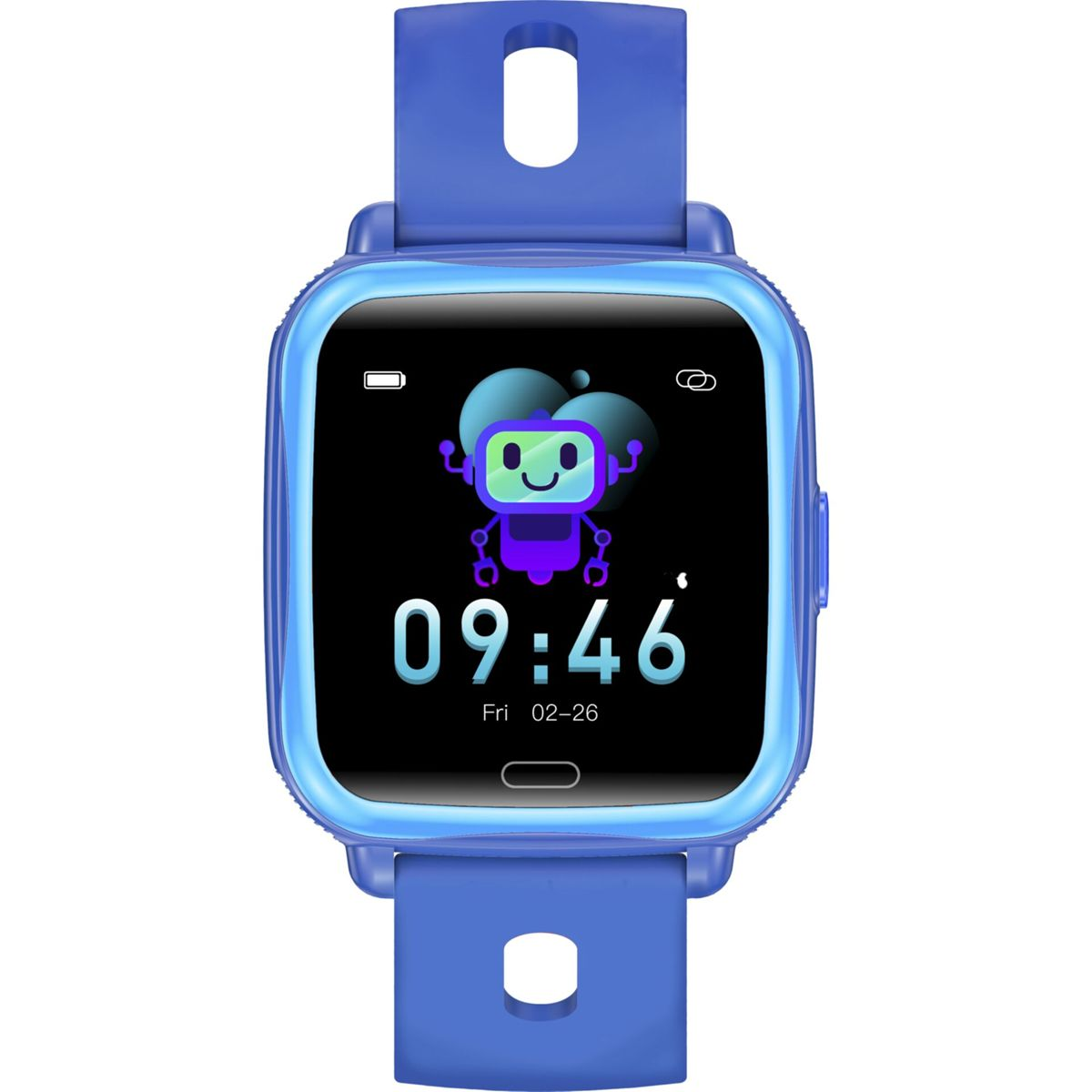 Un reloj inteligente azul con correa azul. La pantalla muestra un robot y la hora.