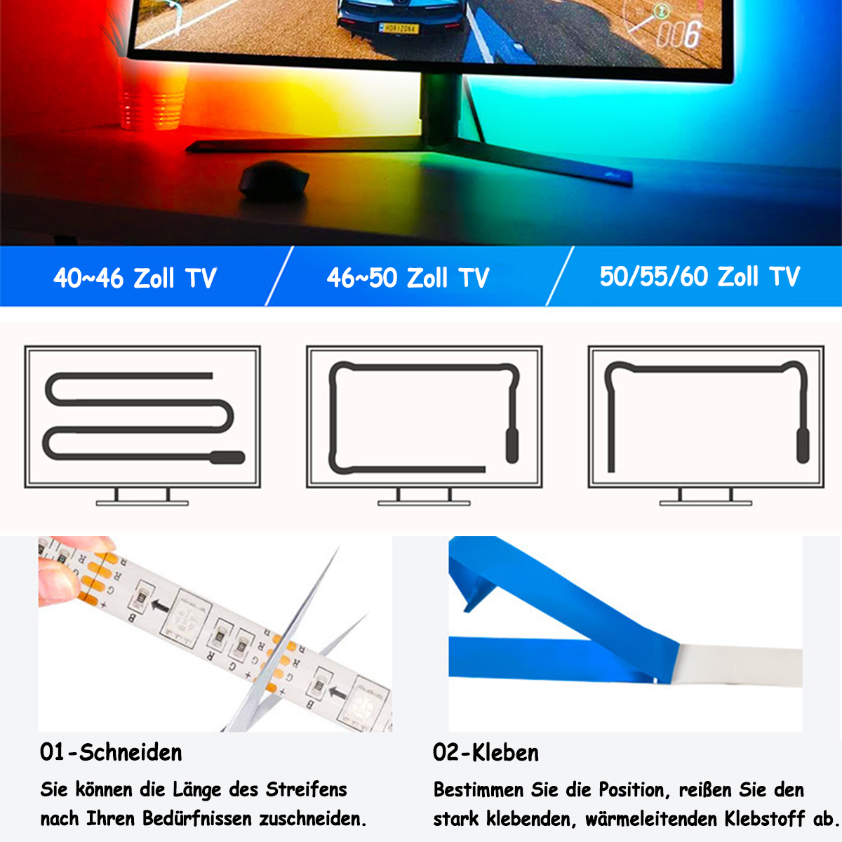 Fernseher mit LED-Streifen. Diagramme zeigen das Schneiden und Aufkleben des Streifens. Text zeigt TV-Größen.
