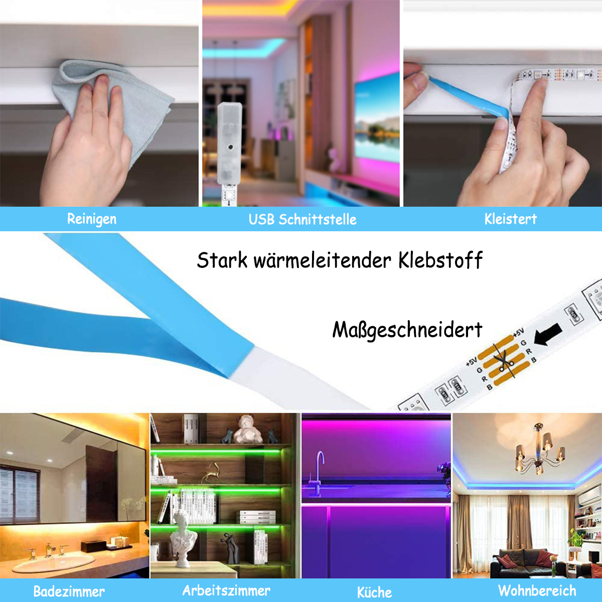 Bilder zeigen die Installation von LED-Streifen in verschiedenen Räumen (Bad, Küche, Wohnzimmer, Büro).