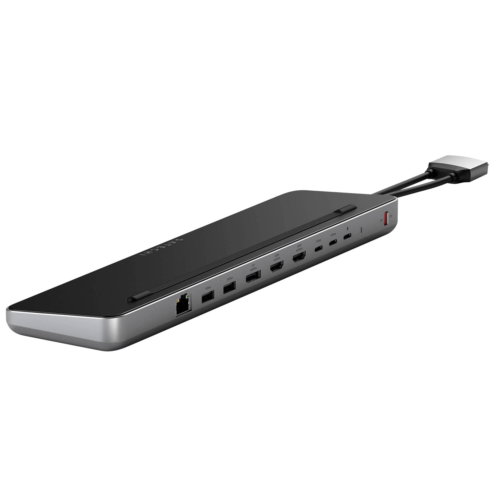 Una docking station nera e argentata con porte e un cavo. Lo sfondo è bianco.