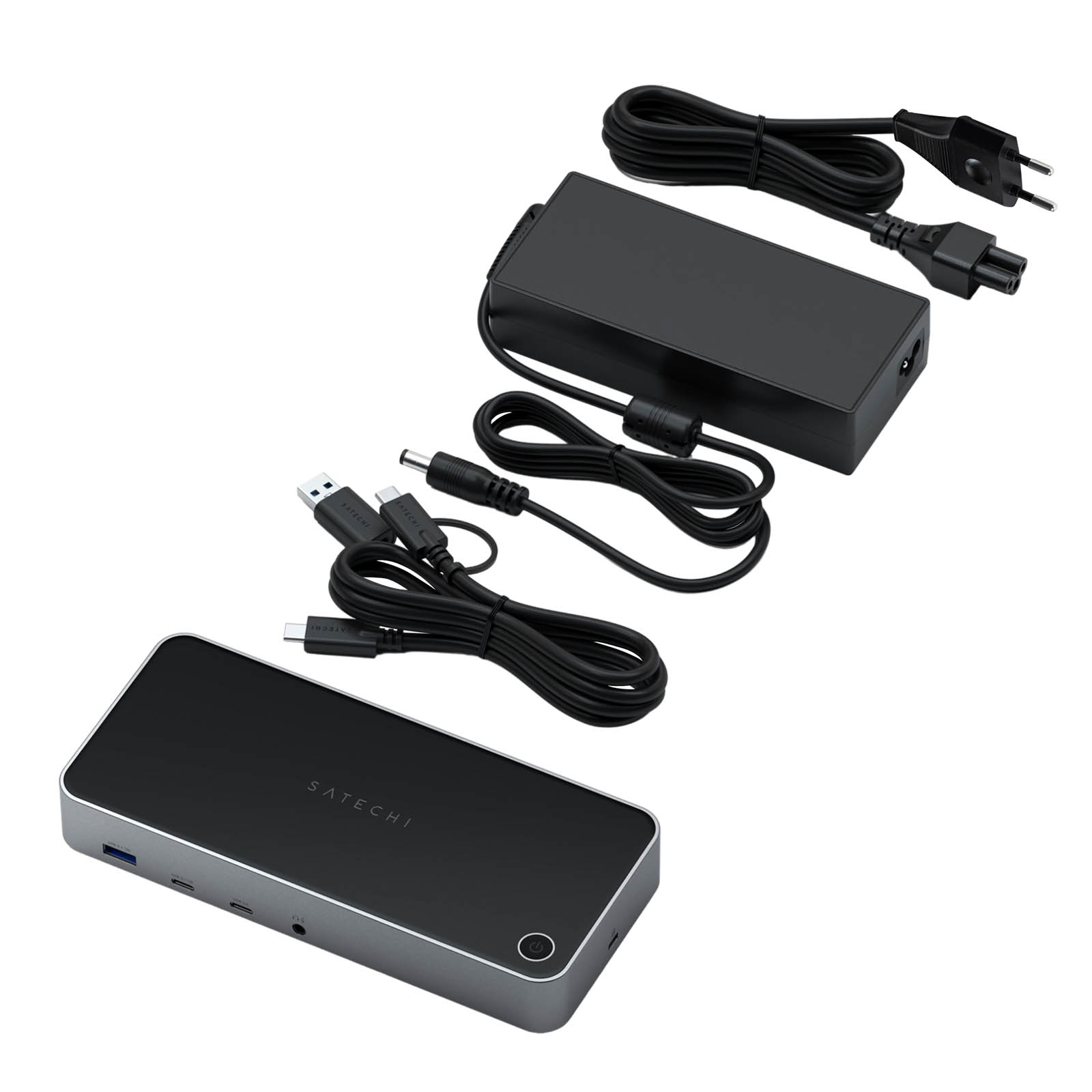 Schwarze Satechi-Dockingstation mit Netzteil, USB-Kabel und Netzkabeln.
