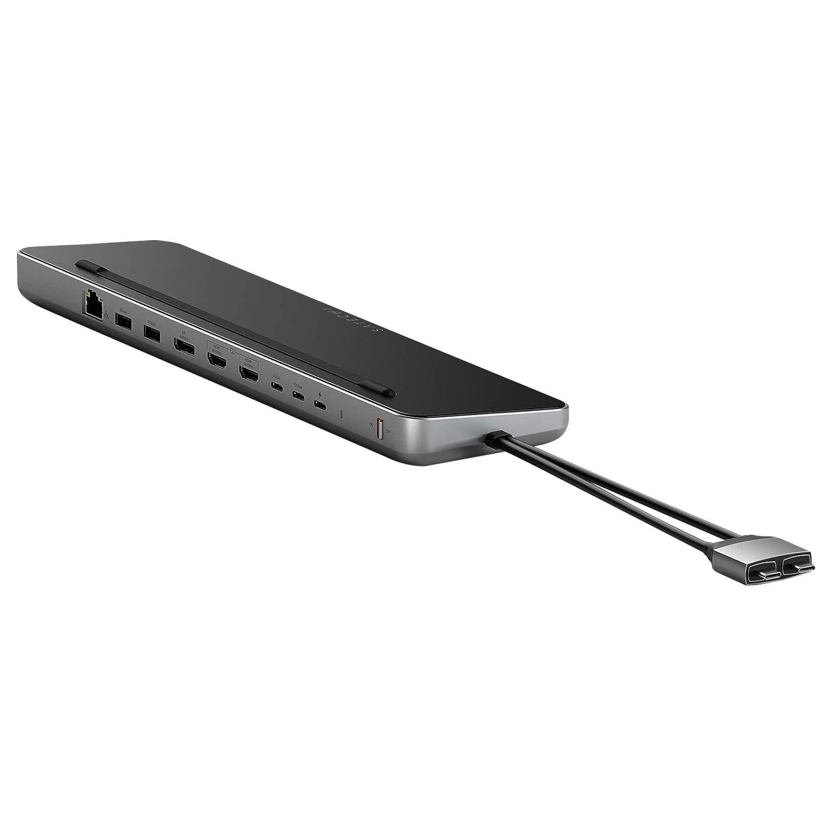 Una docking station argento e nera con più porte e un cavo nero con connettore USB-C.