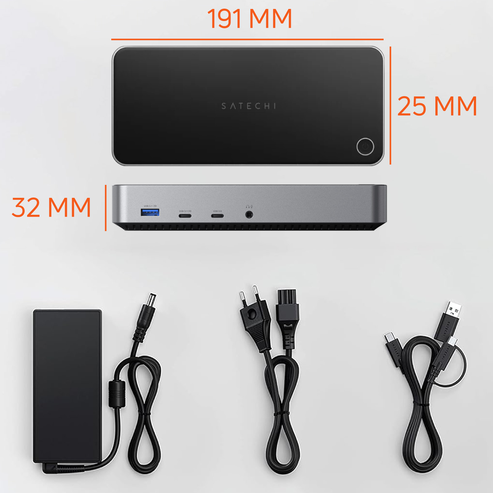 Schwarze und silberne Satechi Dockingstation. Kabel und Netzteil sind unten abgebildet, mit Abmessungen.
