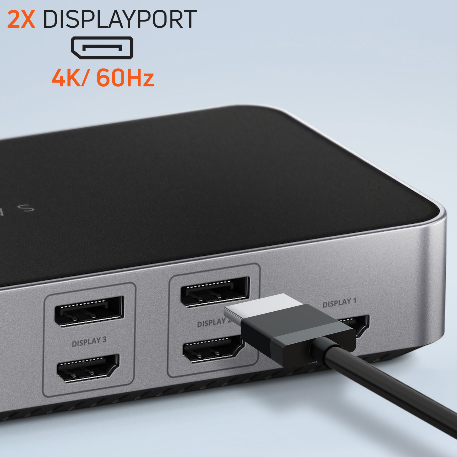 Ein Hub mit Display-Port-Anschlüssen für mehrere Bildschirme.