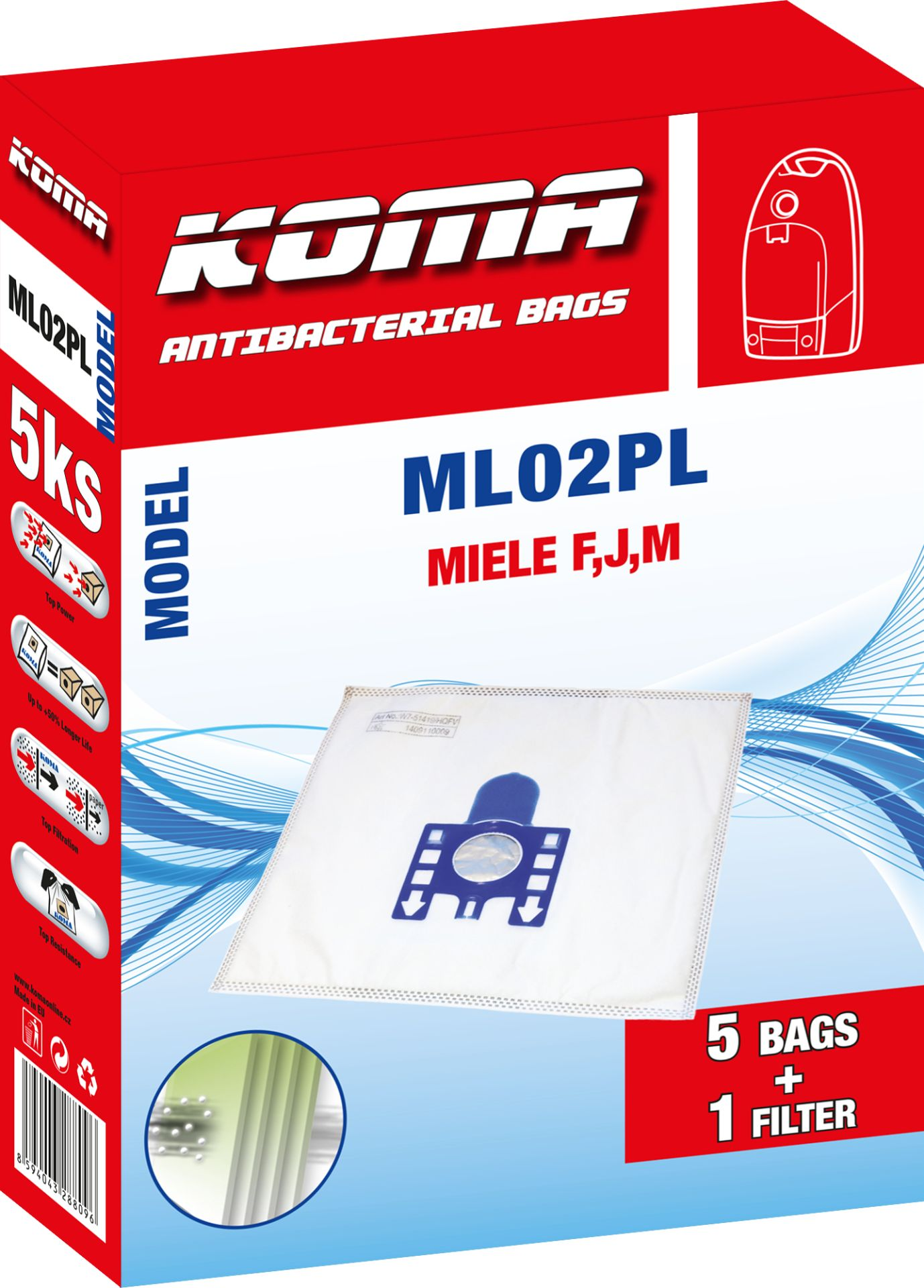 Staubsaugerbeutel-Verpackung mit roter Box und blauem Beutel darin, weißer Hintergrund.