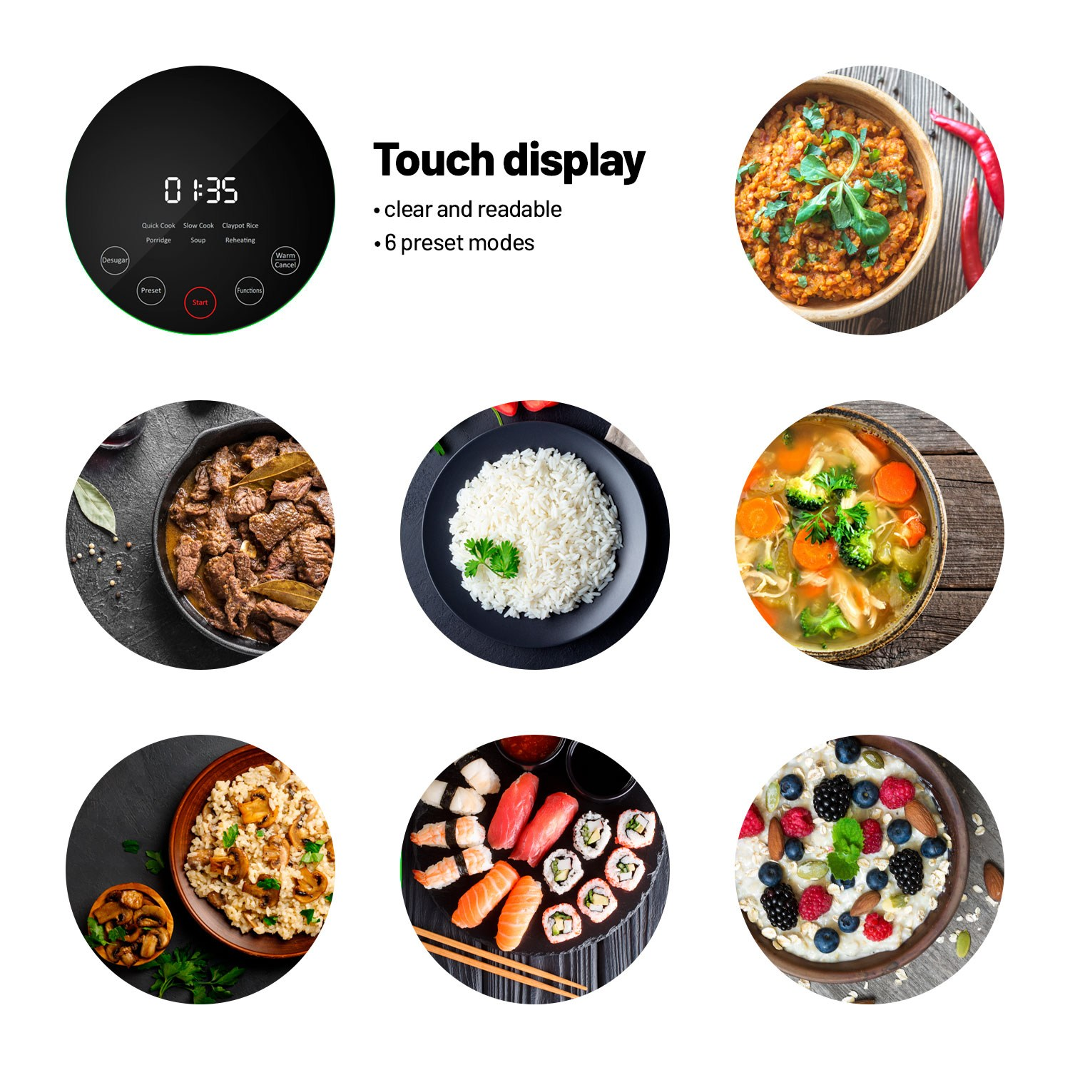 Ekran dotykowy z obrazami jedzenia: ryż, sushi, zupa i więcej. Sześć trybów i czytelny tekst.