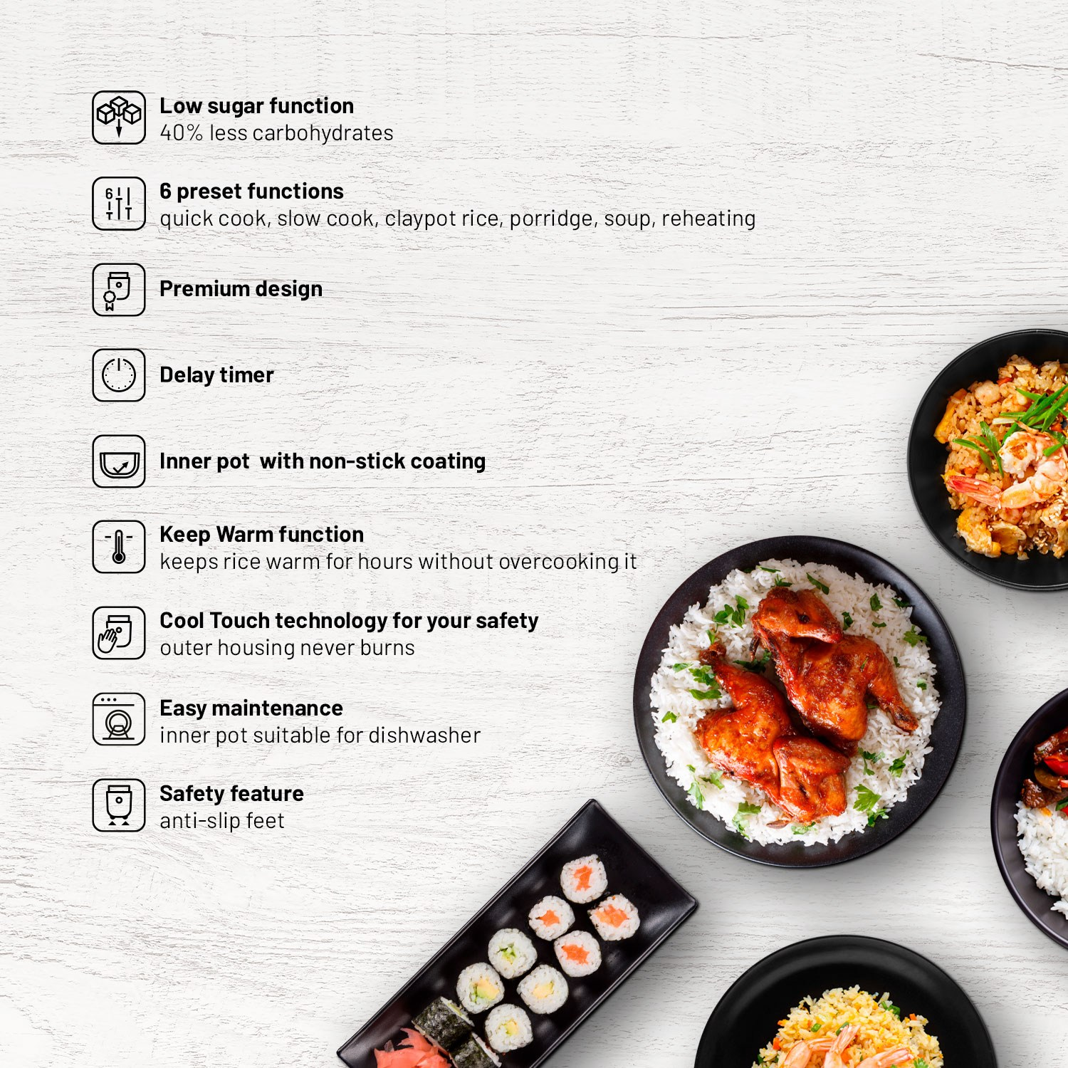 Różnorodne dania gotowane z ryżem, sushi i tekstem opisującym cechy.