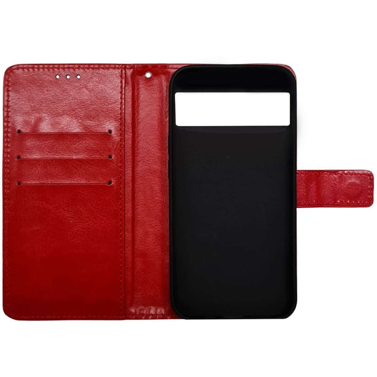 Rotes Leder-Wallet-Case, offen, schwarzes Handy-Case innen. Weißer Hintergrund.