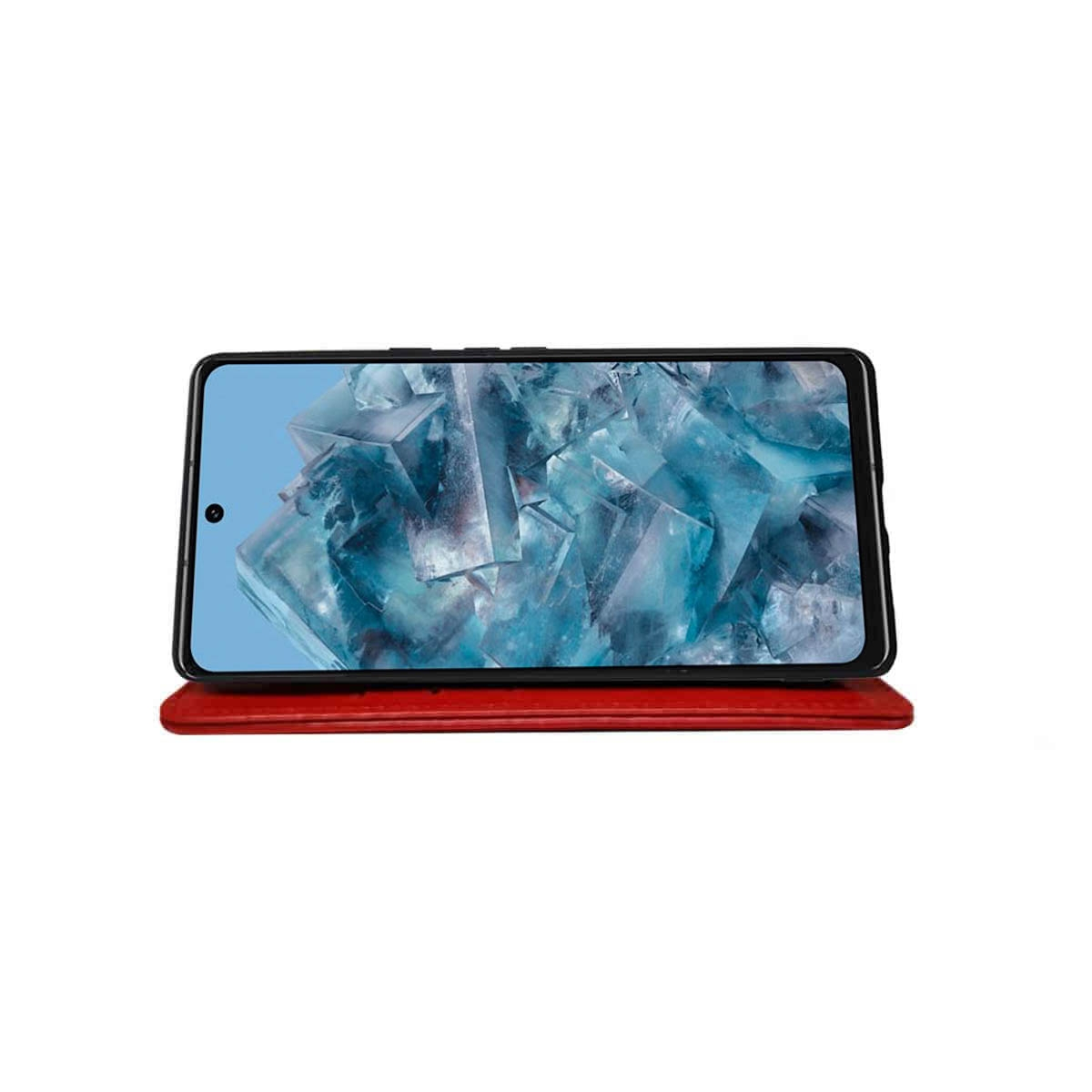 Ein Smartphone ist mit einem blauen Kristallbild auf dem Bildschirm auf einem roten Gehäuse geöffnet.
