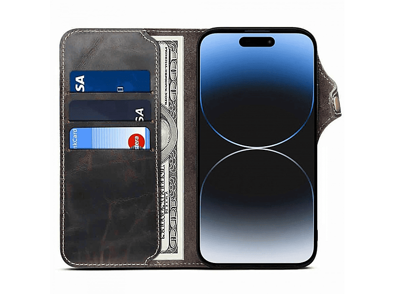 CASEONLINE Leder, Bookcover, Apple, iPhone 15 Pro, Schwarz