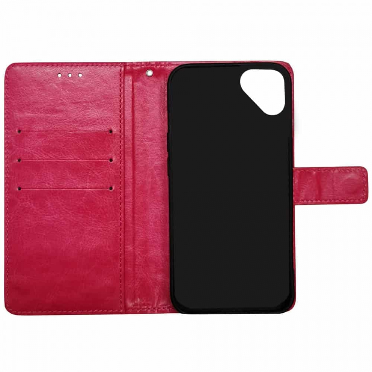Offene pinke Handyhülle mit Telefon im Inneren. Telefon ist schwarz, Hülle ist pink.