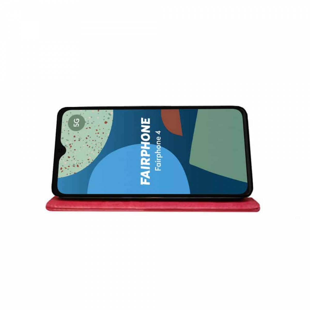 Fairphone 4 Smartphone auf roter Hülle. Der Bildschirm zeigt ein blaues und grünes abstraktes Design.