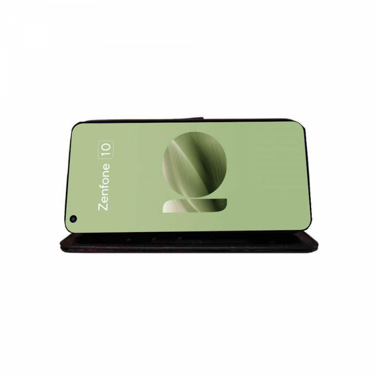 Ein Mobiltelefon mit einem grünen Bildschirm, der ein abstraktes Design anzeigt. Das Telefon ist in einer dunklen Hülle.