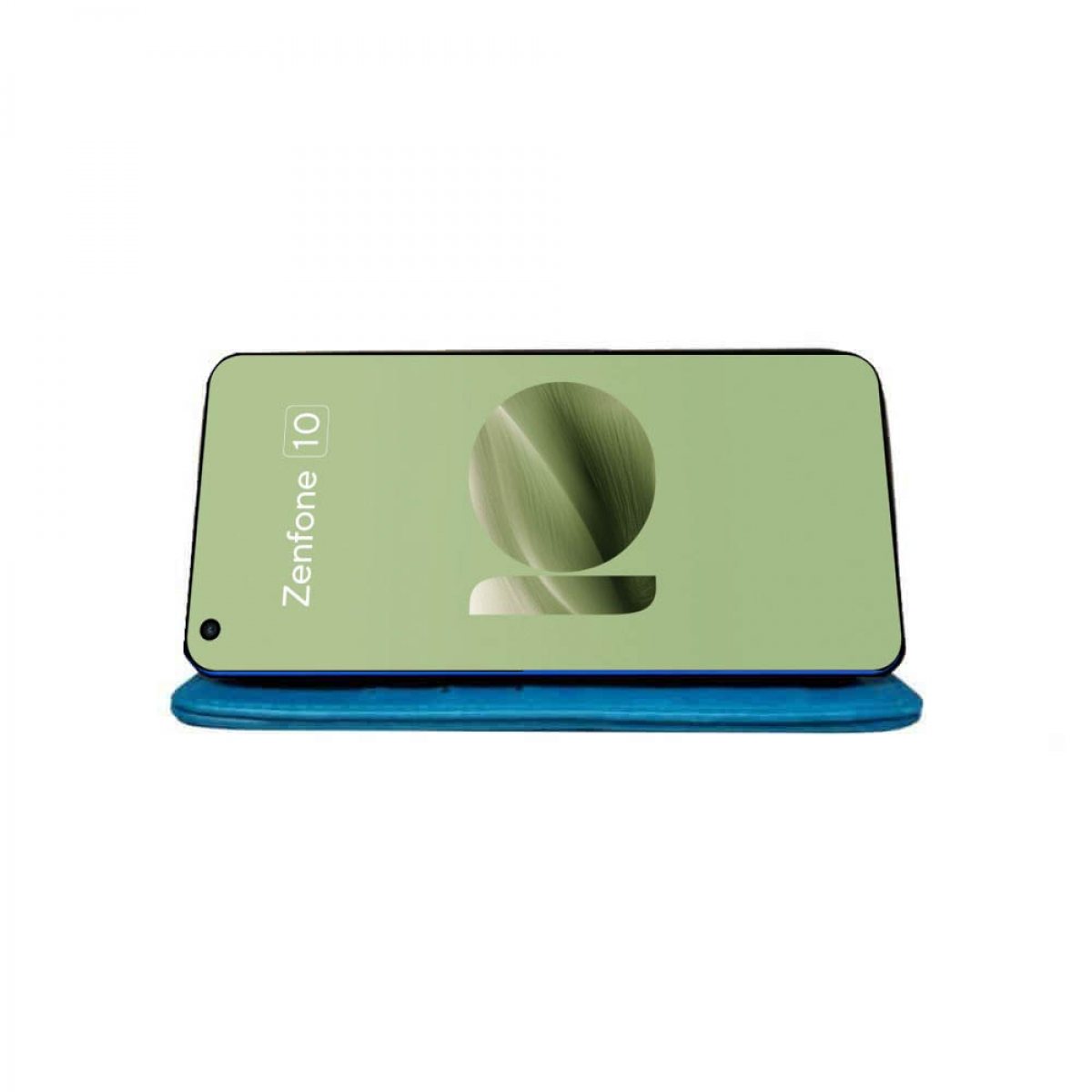 Grüner Bildschirm Telefon mit blauem Rand auf blauer Oberfläche. Der Markenname 'Zenfone 10' ist sichtbar.