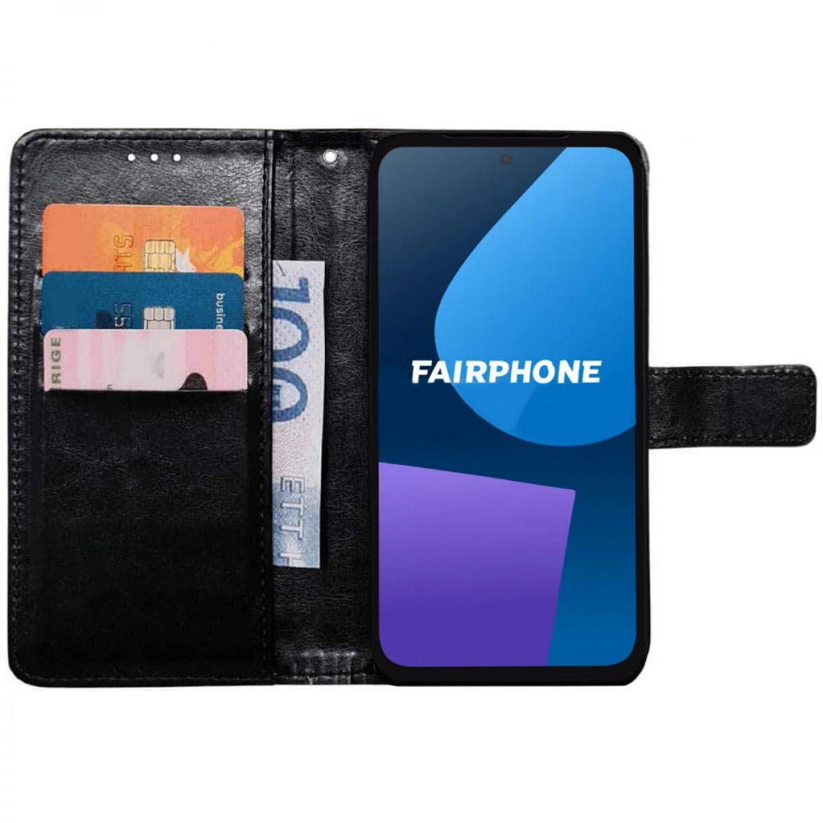 Schwarze Handyhülle, offen. Enthält Telefon mit Fairphone-Logo, Karten und 100 EUR-Schein.