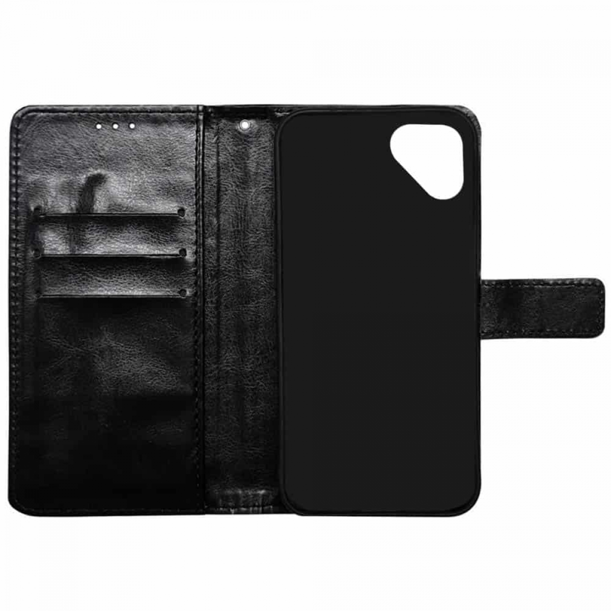 Schwarze, offene Handyhülle mit Kartenfächern. Ein schwarzes Telefon ist im Inneren sichtbar.