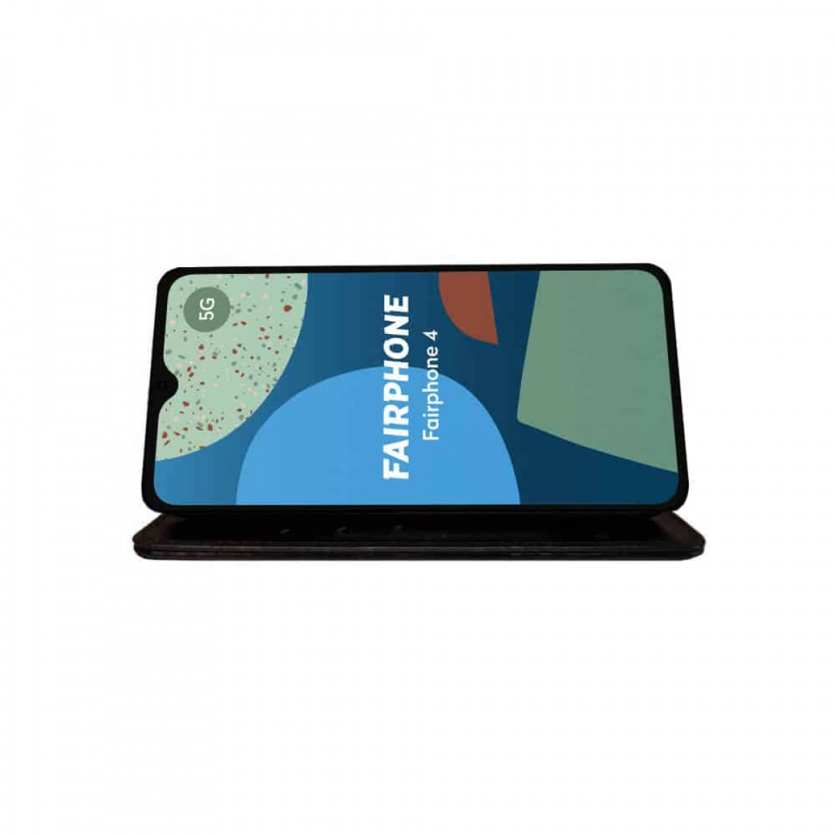 Ein Fairphone 4-Bildschirm zeigt den Markennamen und ein farbenfrohes abstraktes Design. 5G ist sichtbar.
