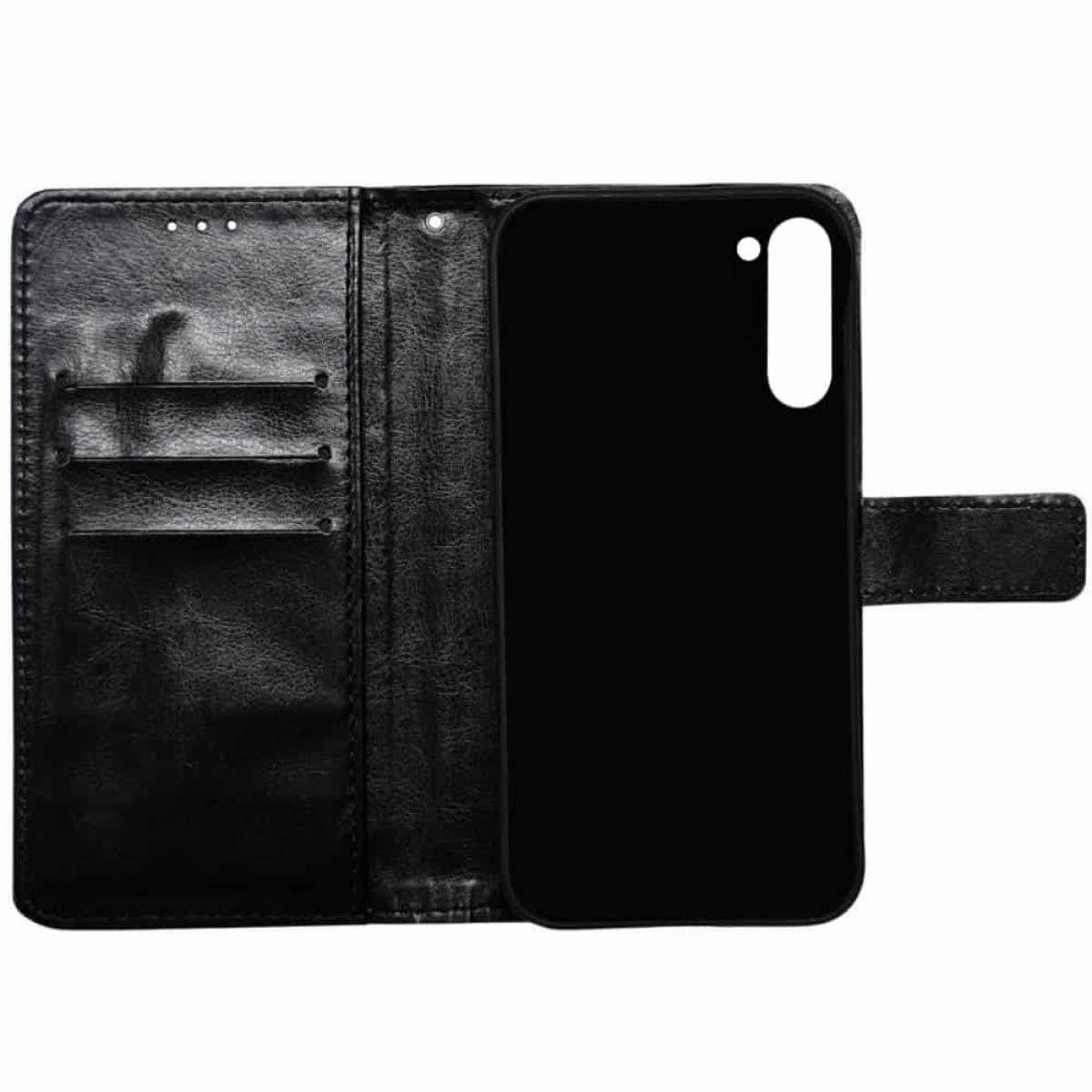 Schwarze Brieftaschen-Handyhülle, geöffnet, um ein Telefon und Kartenfächer zu zeigen. Die Hülle ist geschlossen.
