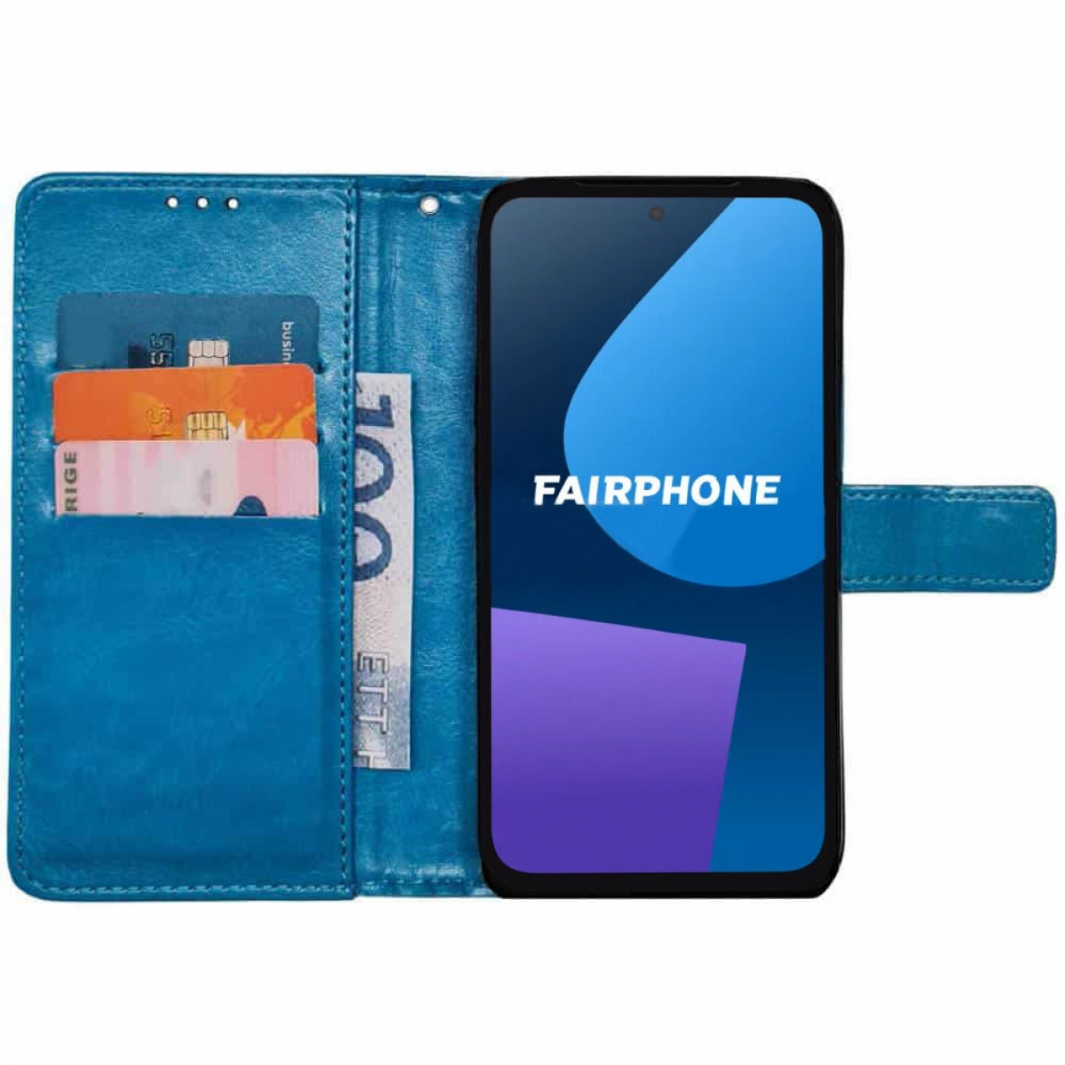 Blaue Handyhülle mit Telefon und Karten, weißer Hintergrund.