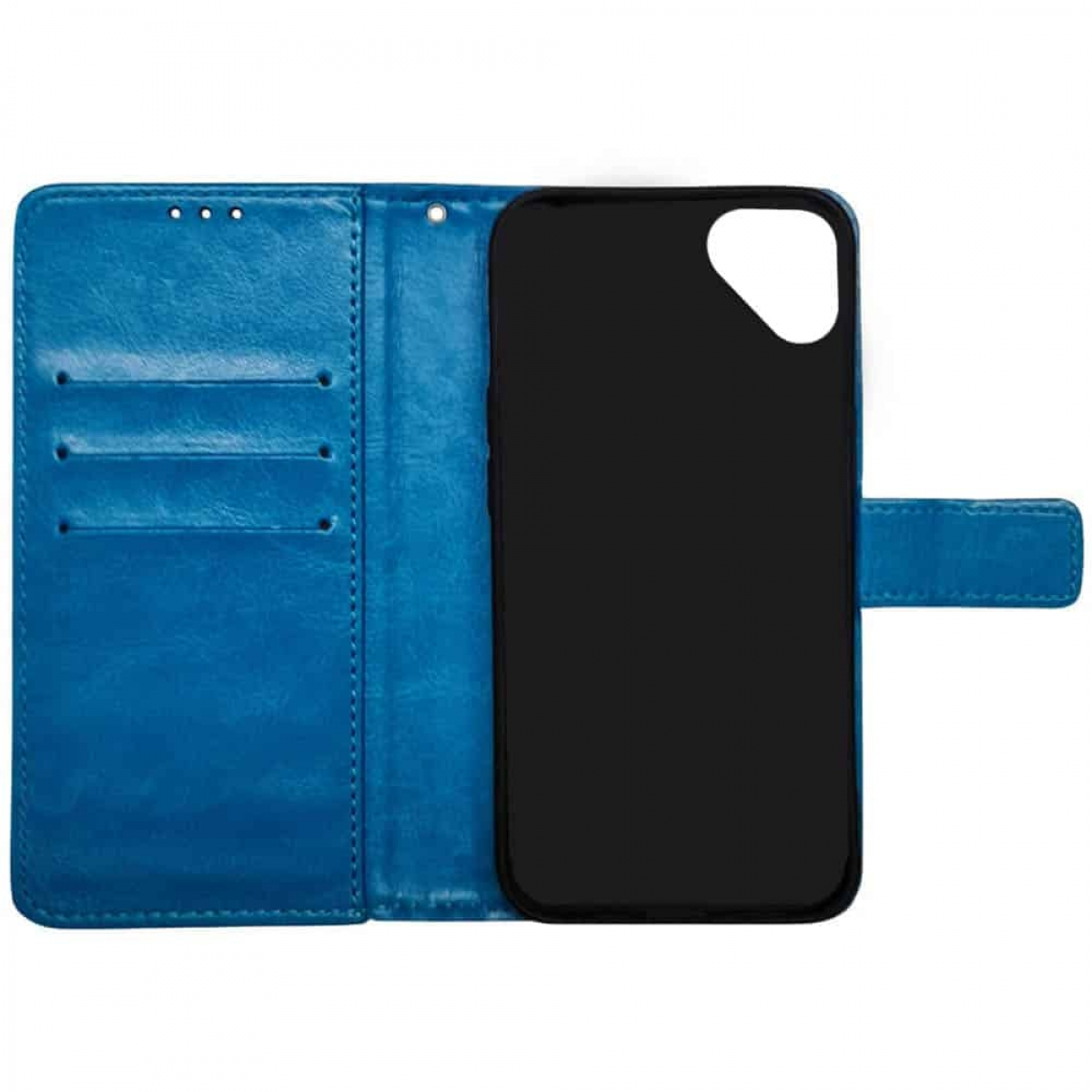 Blaues Leder-Handycase offen. Schwarzes Handycase innen. Drei Kartenfächer links.