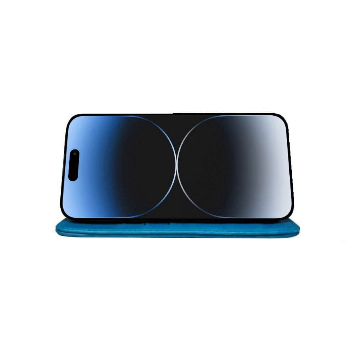 Ein Smartphone auf einer blauen Oberfläche. Das Telefon ist schwarz und zeigt einen blau-grauen Farbverlauf.