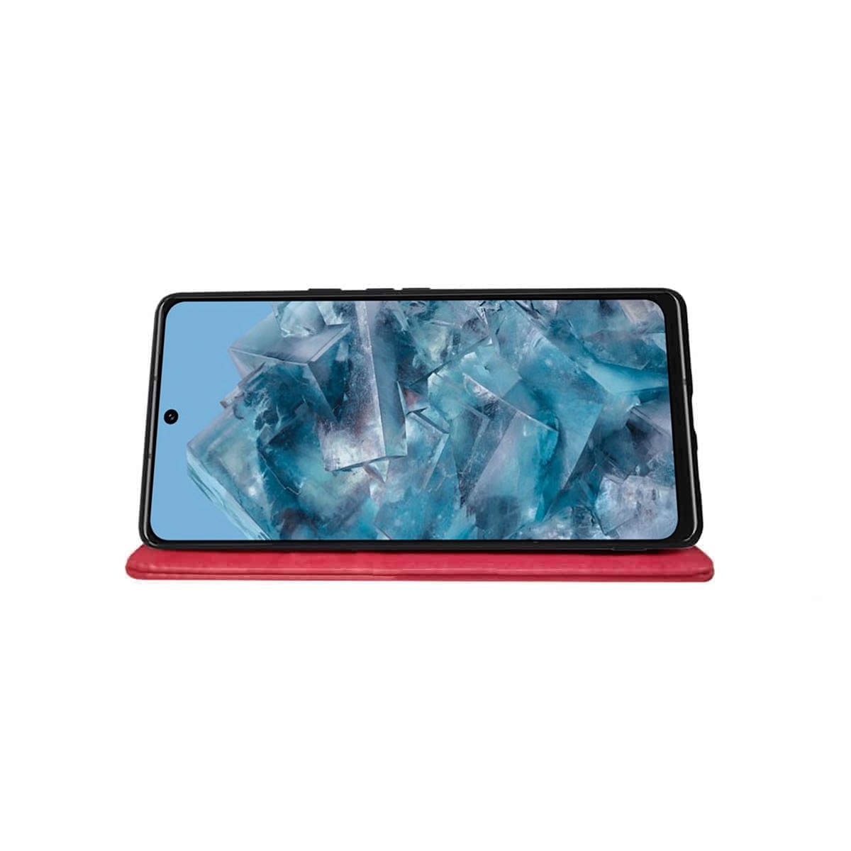 Ein Telefon mit einem Bildschirm, der ein blaues Kristallbild zeigt, auf einem roten Gehäuse liegend.