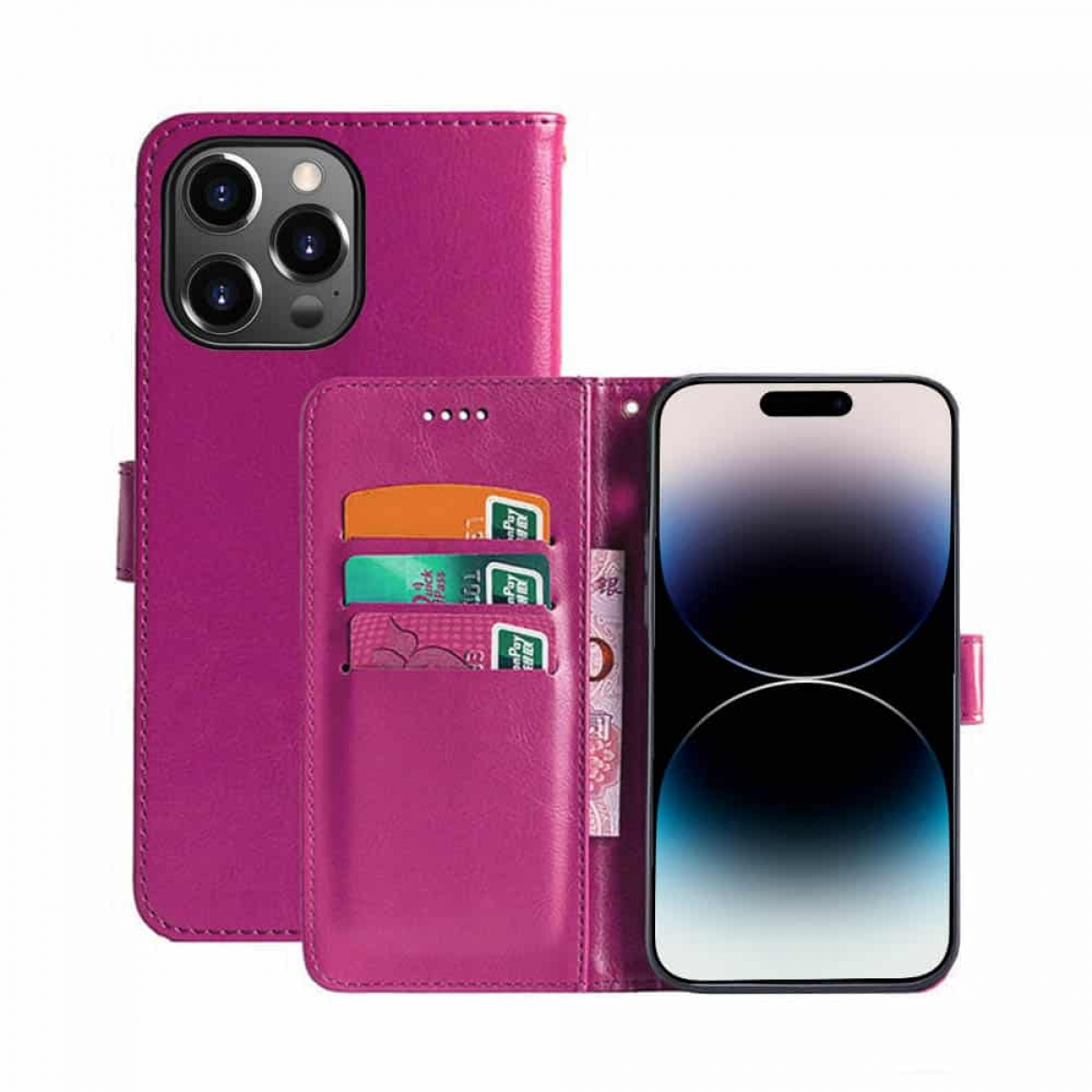Eine pinkfarbene Handyhülle mit Telefon und Kartenfächern.