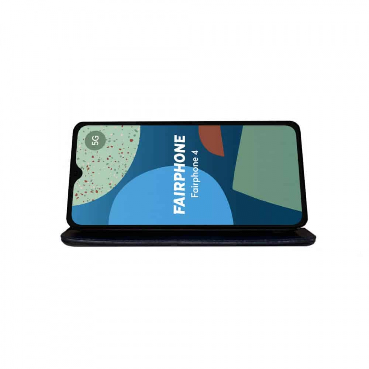 Ein schwarzes Fairphone 4-Mobiltelefon, das das Fairphone-Logo auf dem Bildschirm anzeigt.