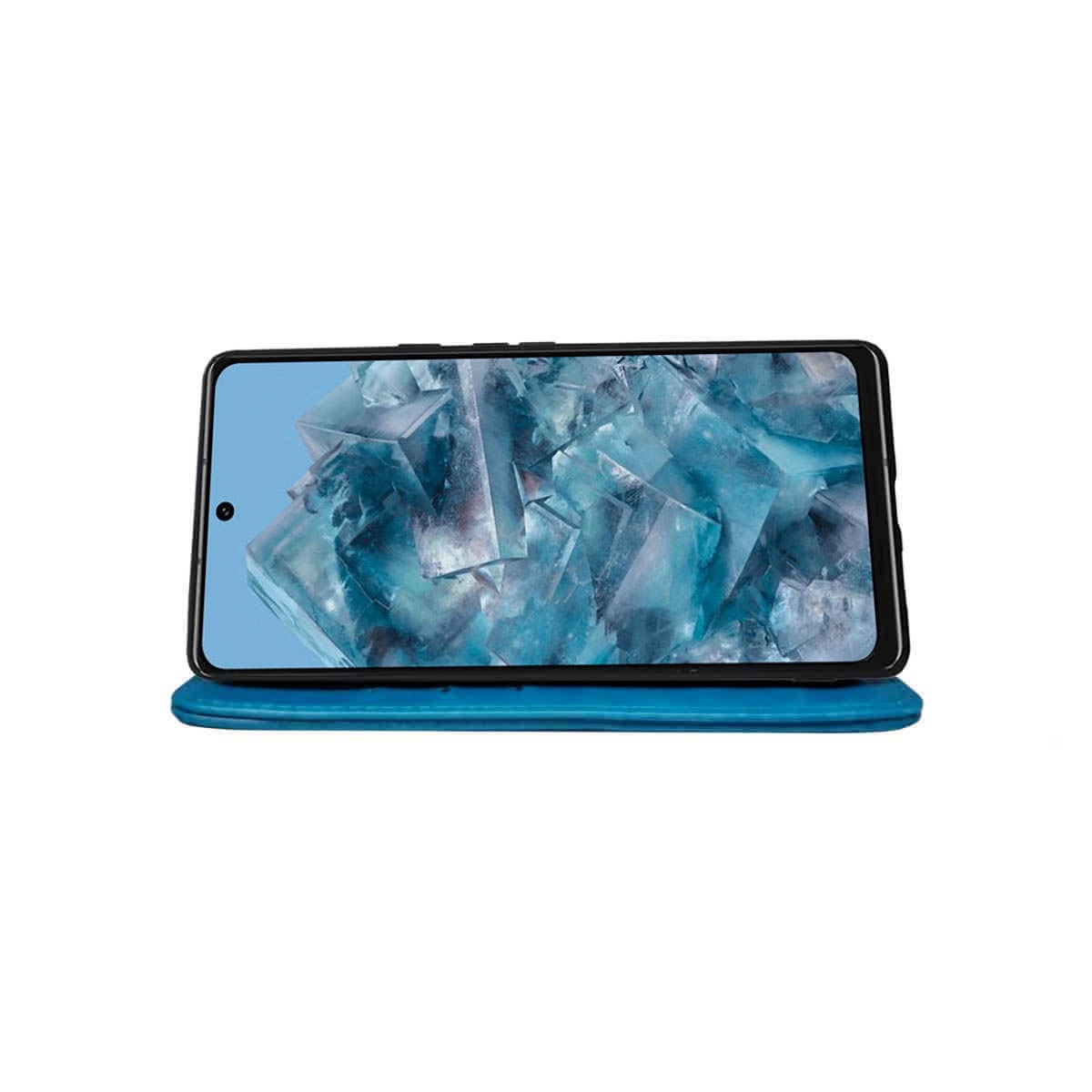 Ein Telefon auf einem blauen Ständer. Der Bildschirm zeigt ein blaues und weißes abstraktes Bild.