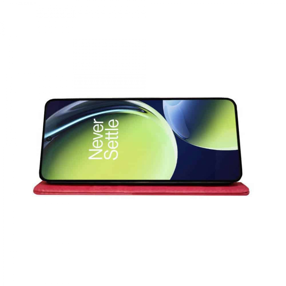 Ein schwarzes Smartphone mit den Worten 'Never Settle' auf dem Bildschirm, auf rotem Gehäuse.