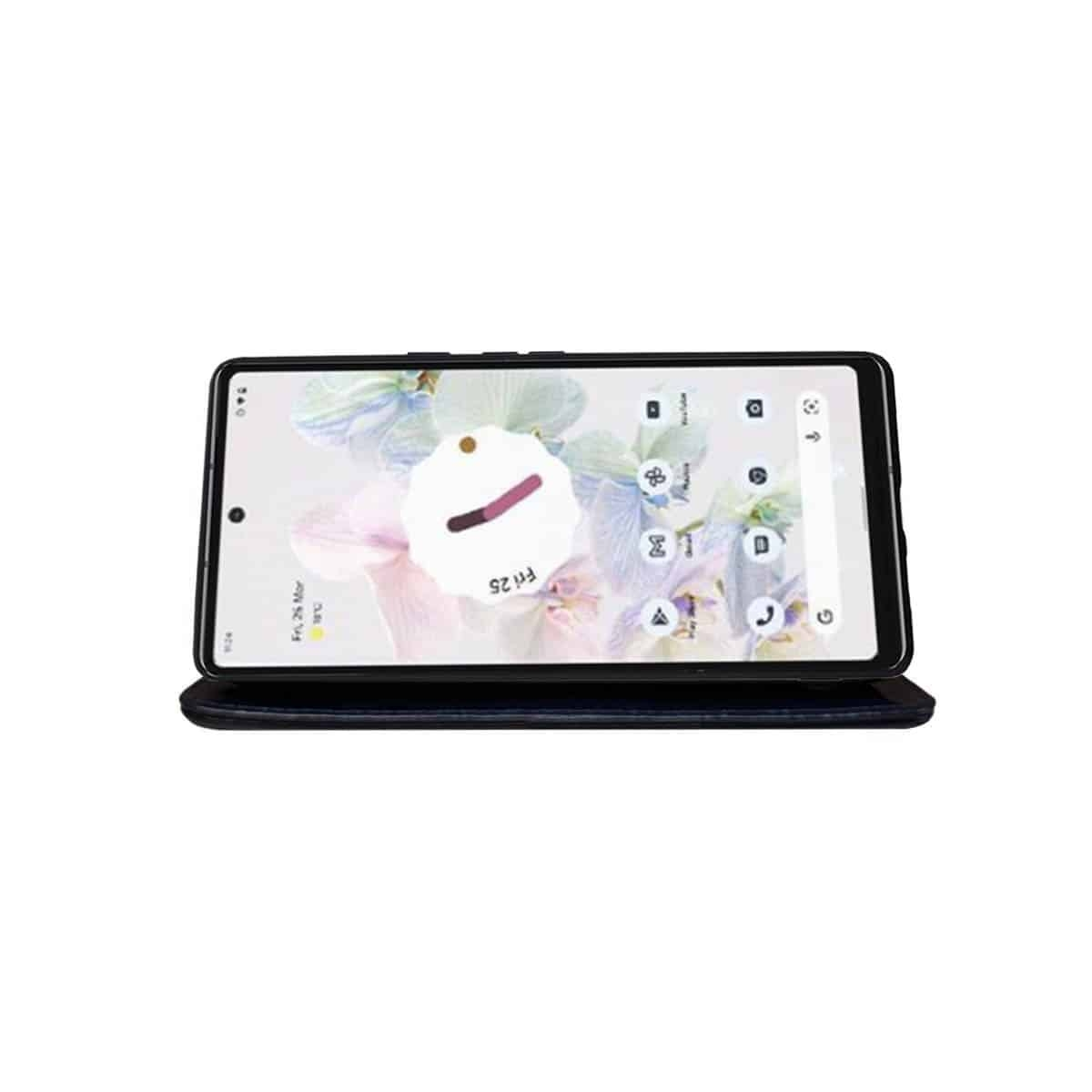 Schwarzes Smartphone auf schwarzem Lederetui, Bildschirm mit Oberfläche.