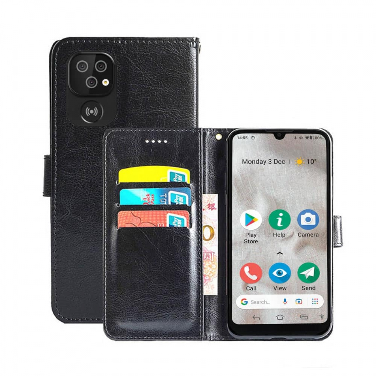 Schwarze Brieftaschen-Handyhülle, offen mit Telefon. Karten und Geld sichtbar. Weißer Hintergrund.