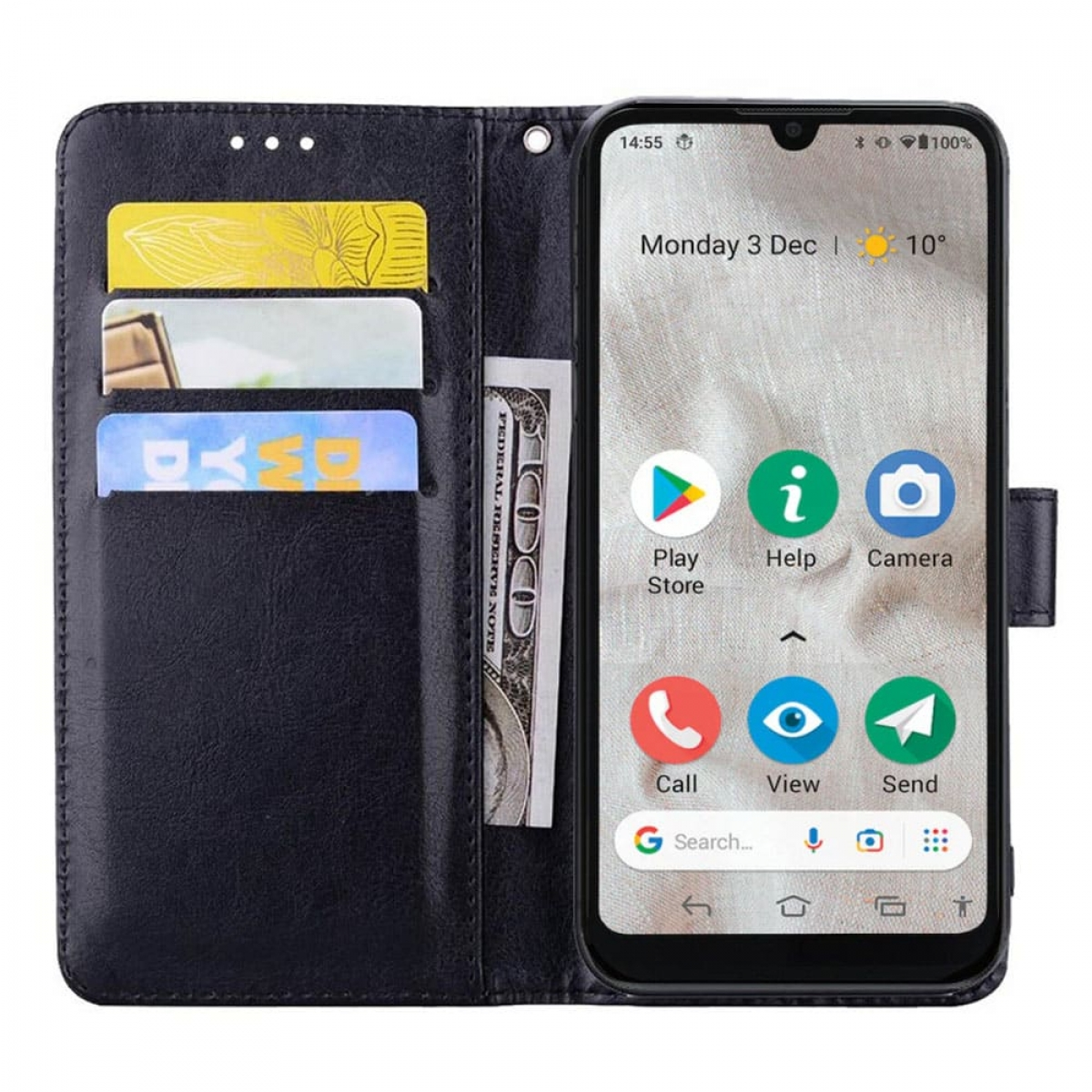 Eine schwarze Brieftaschen-Handyhülle geöffnet, mit Karten, Geld und einem Smartphone mit App-Symbolen. Der Bildschirm ist an.