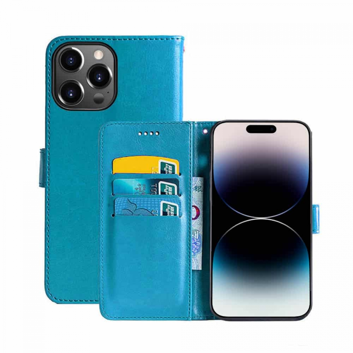 CASEONLINE 3-karten, Bookcover, Apple, iPhone Hellblau 15 Pro