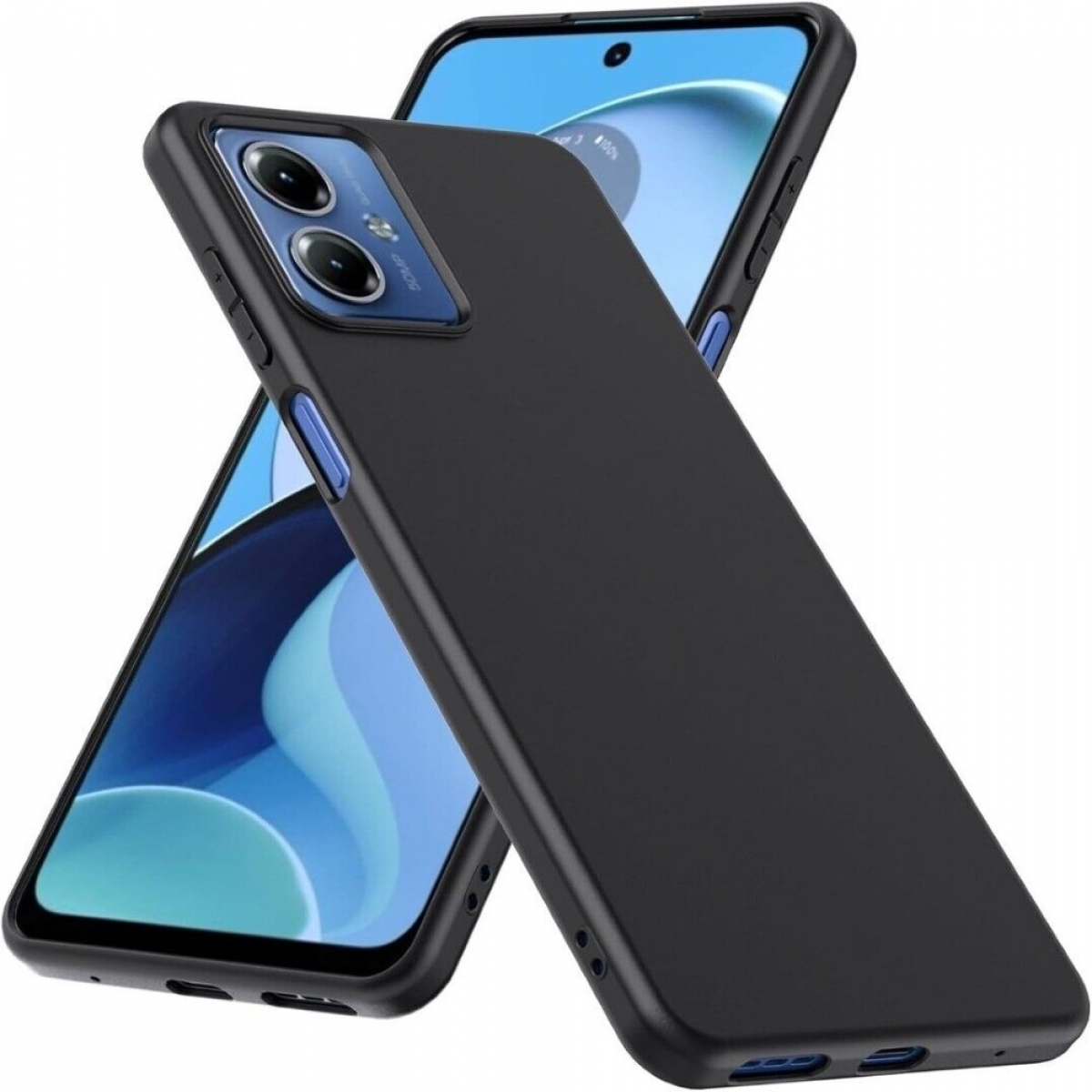 Zwei schwarze Handyhüllen auf einem blauen Smartphone, die Rück- und Seitenansicht zeigen.