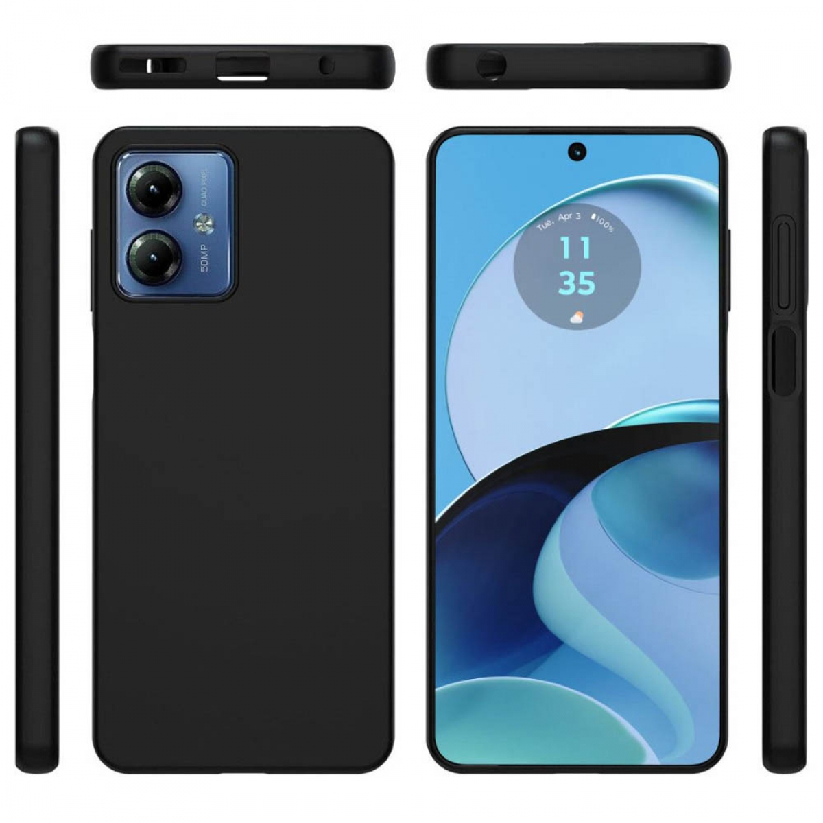 Schwarzes Telefon mit Kamera auf der Rückseite und Bildschirm mit Uhrzeit.