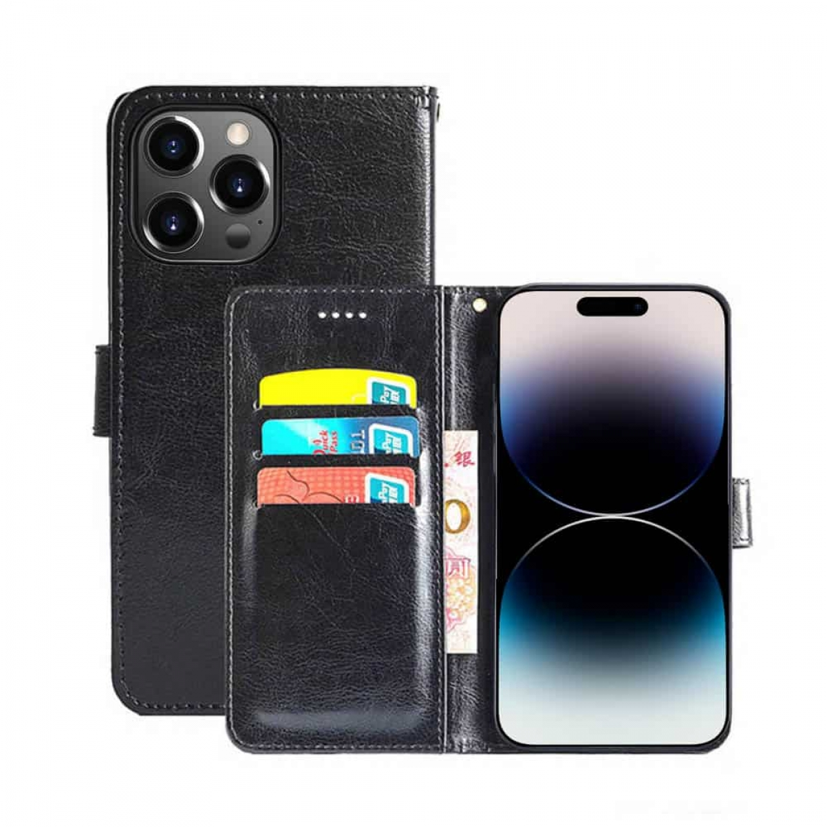 Eine schwarze Handyhülle mit mehreren Kartenfächern und ein Telefon mit Bildschirm auf weißem Hintergrund.