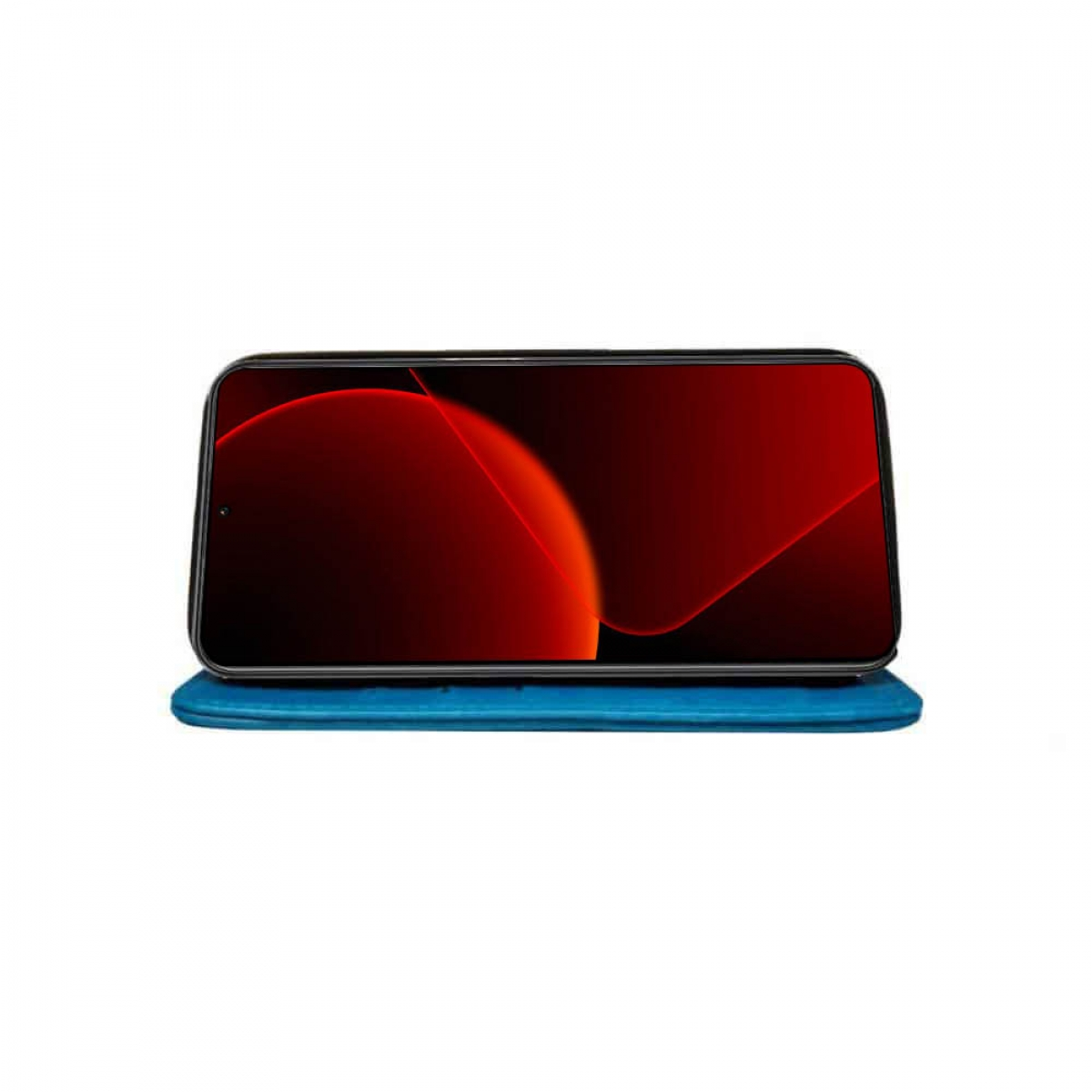 Smartphone mit rotem Bildschirm, auf einem blauen Pad, isoliert vor weißem Hintergrund.
