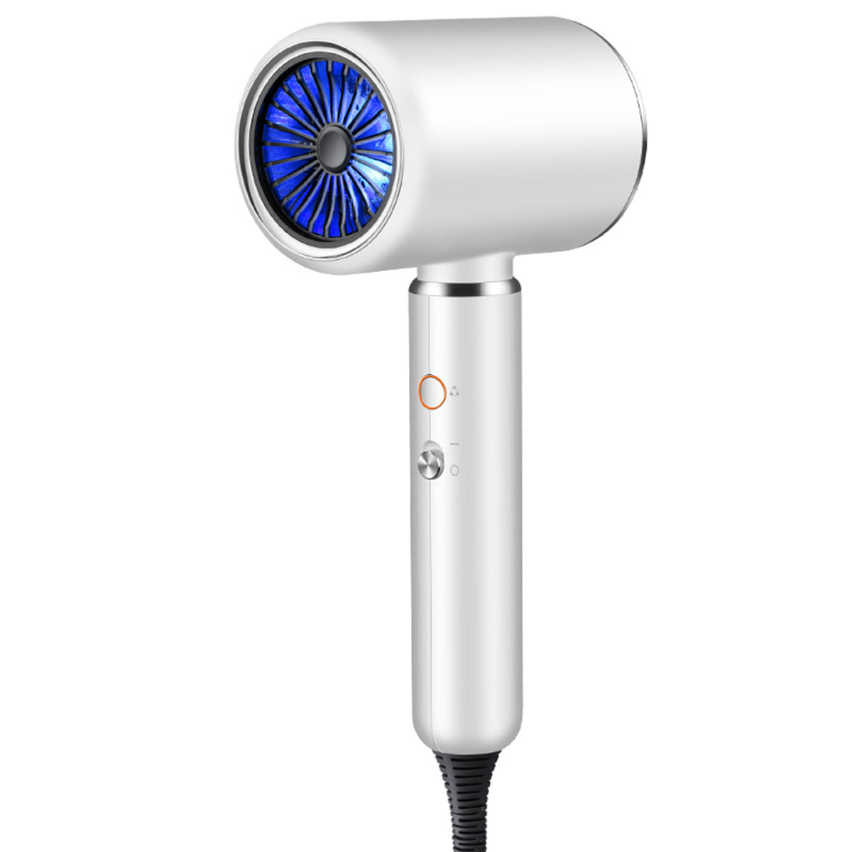 Weißer Haartrockner mit blauem Ventilator. Griff mit zwei Knöpfen. Schwarzes Netzkabel unten befestigt.