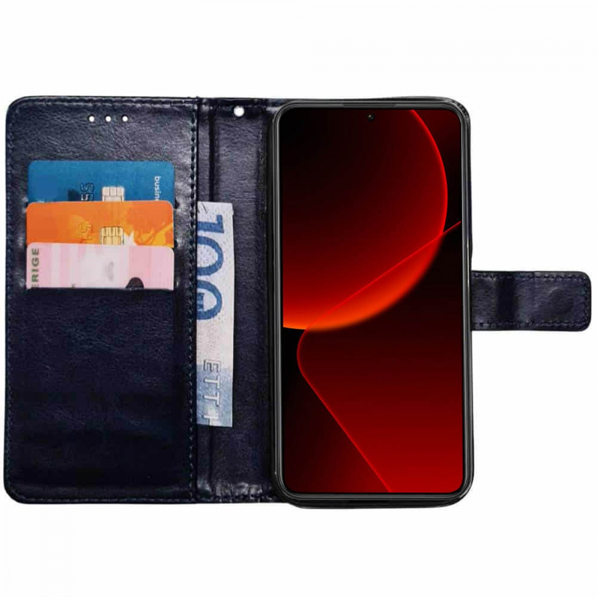 Schwarze Leder-Handyhülle, Brieftaschenstil, mit sichtbarem Telefon und Karten.