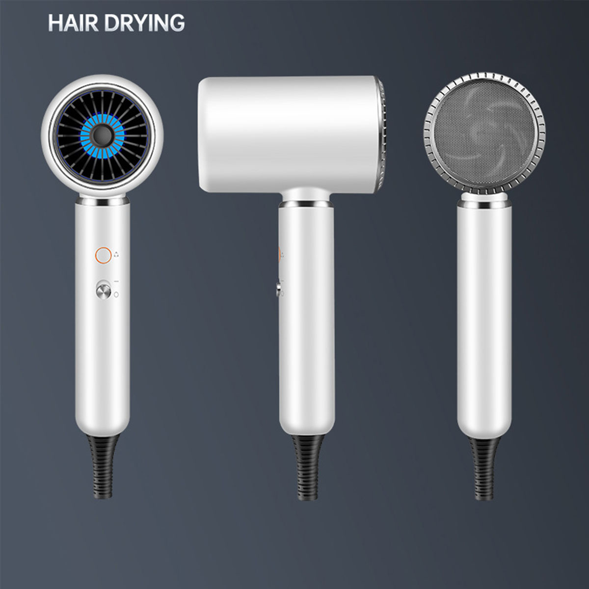 Drei Ansichten eines weißen Haartrockners mit blauem Ventilator, Griff mit Knöpfen und Düse mit Gitter.