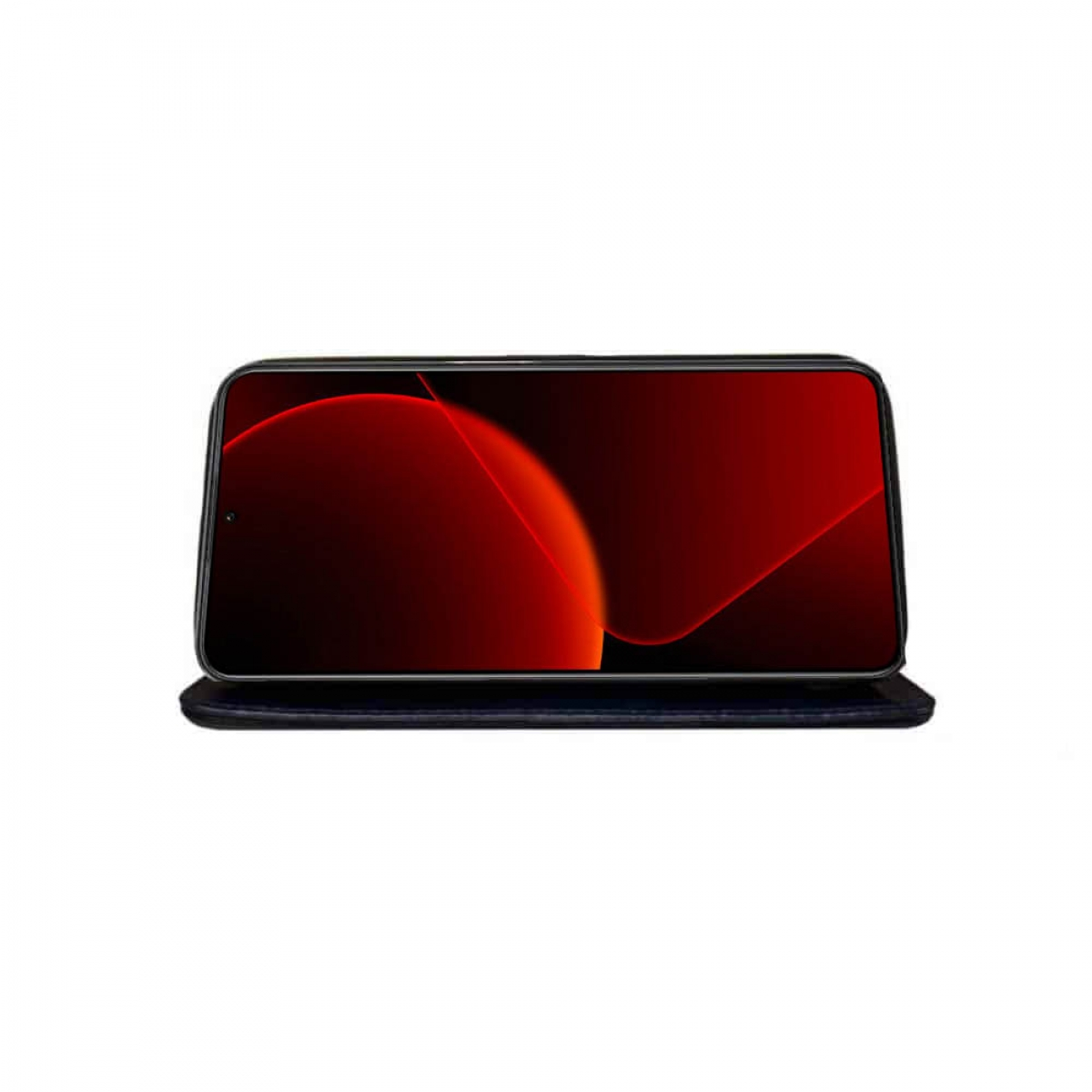 Smartphone mit rotem und schwarzem abstraktem Design, in geschlossener Handyhülle.