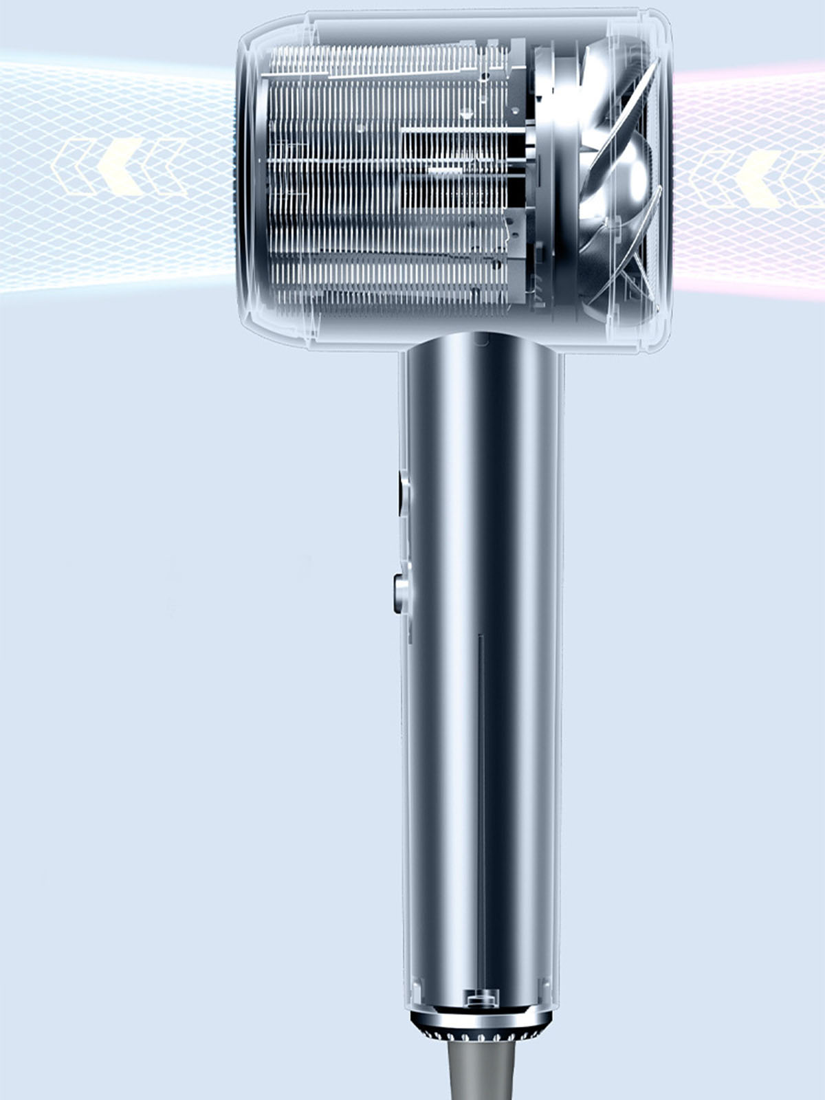 Transparenter Haartrockner mit sichtbaren inneren Komponenten. Blauer Hintergrund.