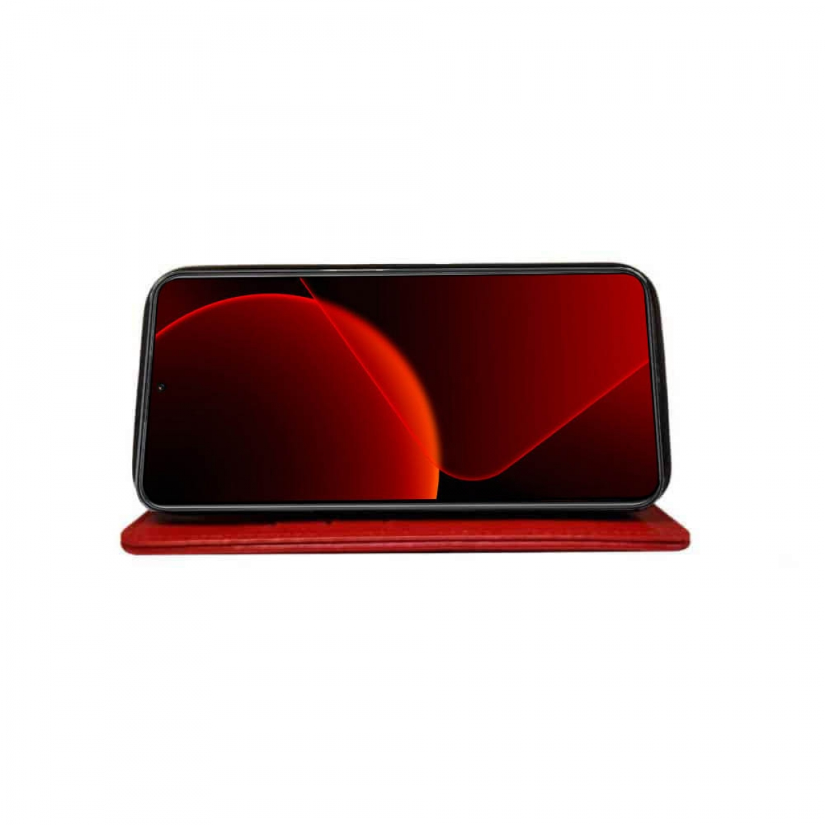 Handyhülle mit rotem Design, offen, auf roter Oberfläche.